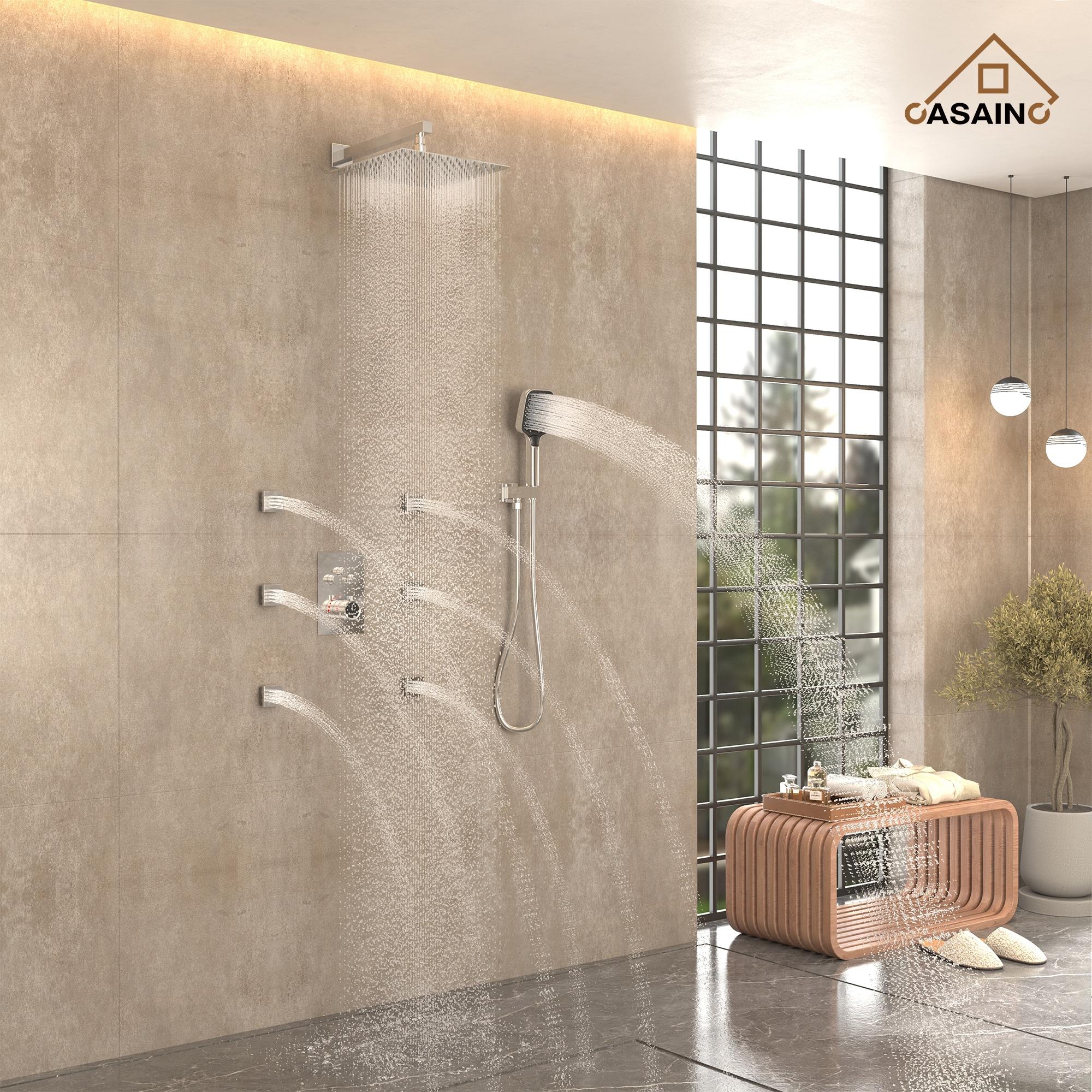Revitalize 3-Function 12 Inch Wall Mount Rainfall Thermostatic Shower System with 6 Body Jets