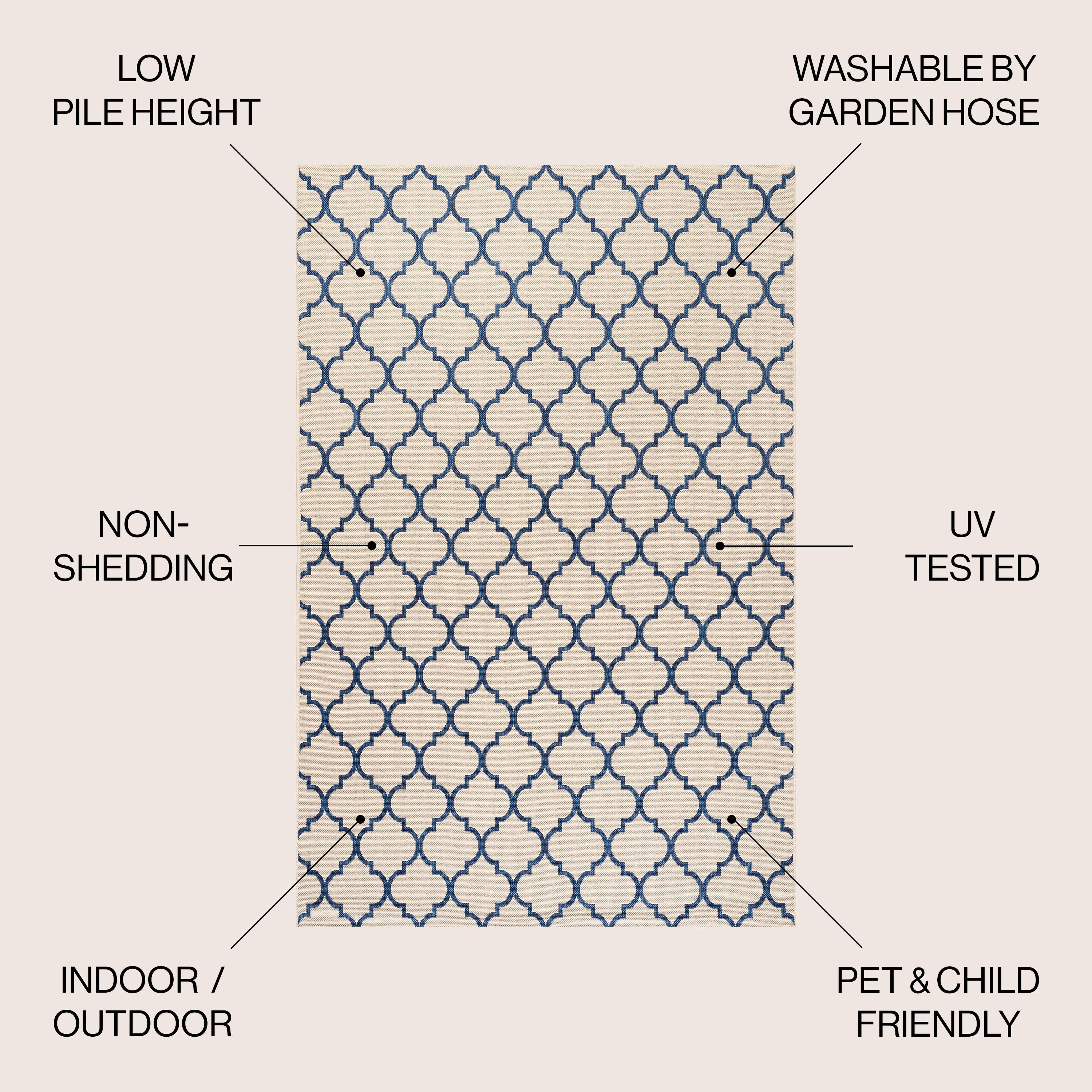 JONATHAN Y SMB122A-3 Arabesque Ogee Trellis Beige/Navy 3 ft. x 5 ft. Indoor/Outdoor Area Rug, Bohemian Casual, Pet Friendly, Stain Resistant, Easy to Clean, for Patio, Living Room; Kitchen, Bedroom
