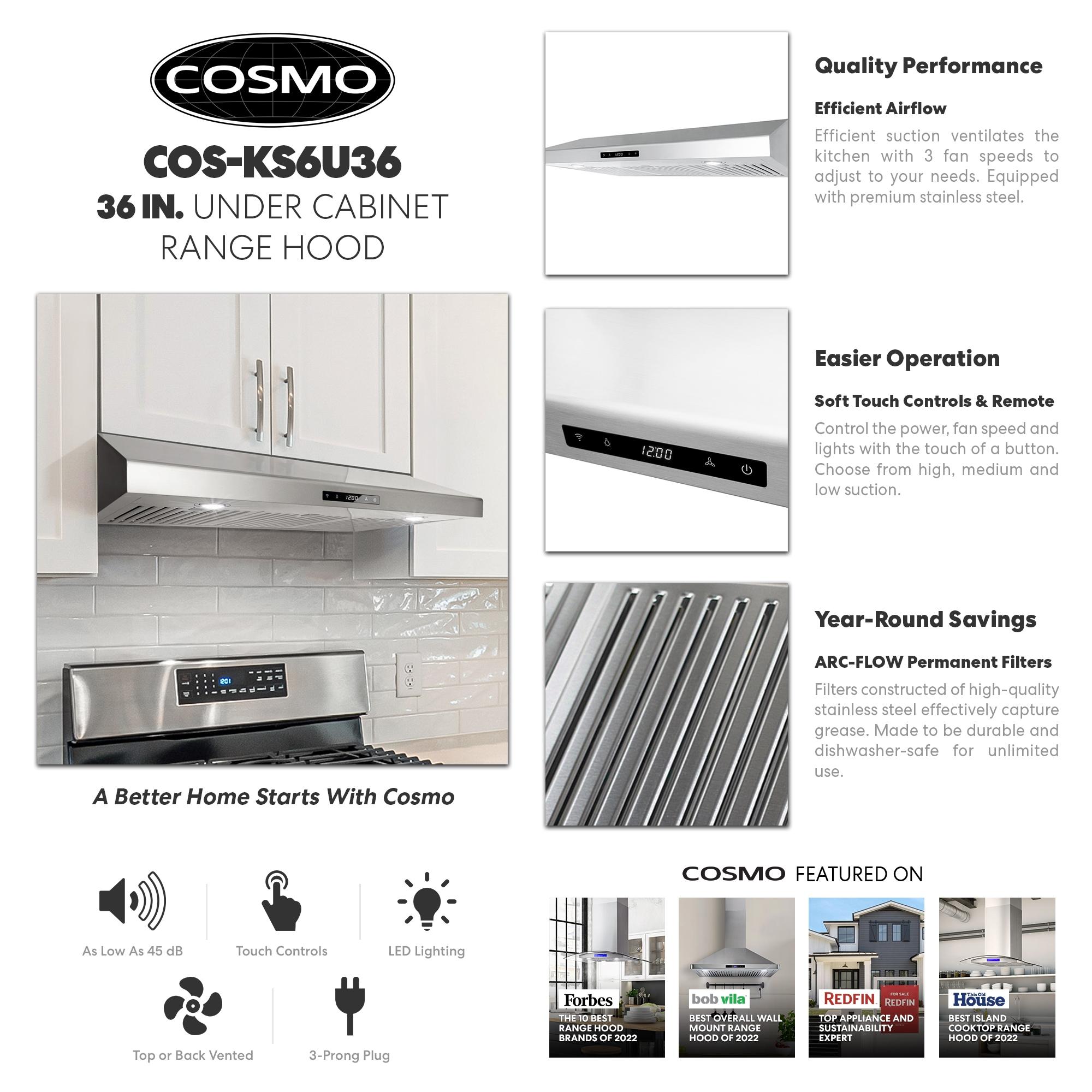 Cosmo 36 in. Haven Collection Ducted Under Cabinet Range Hood, Touch Controls, LED Lights, Permanent Filters, Stainless Steel
