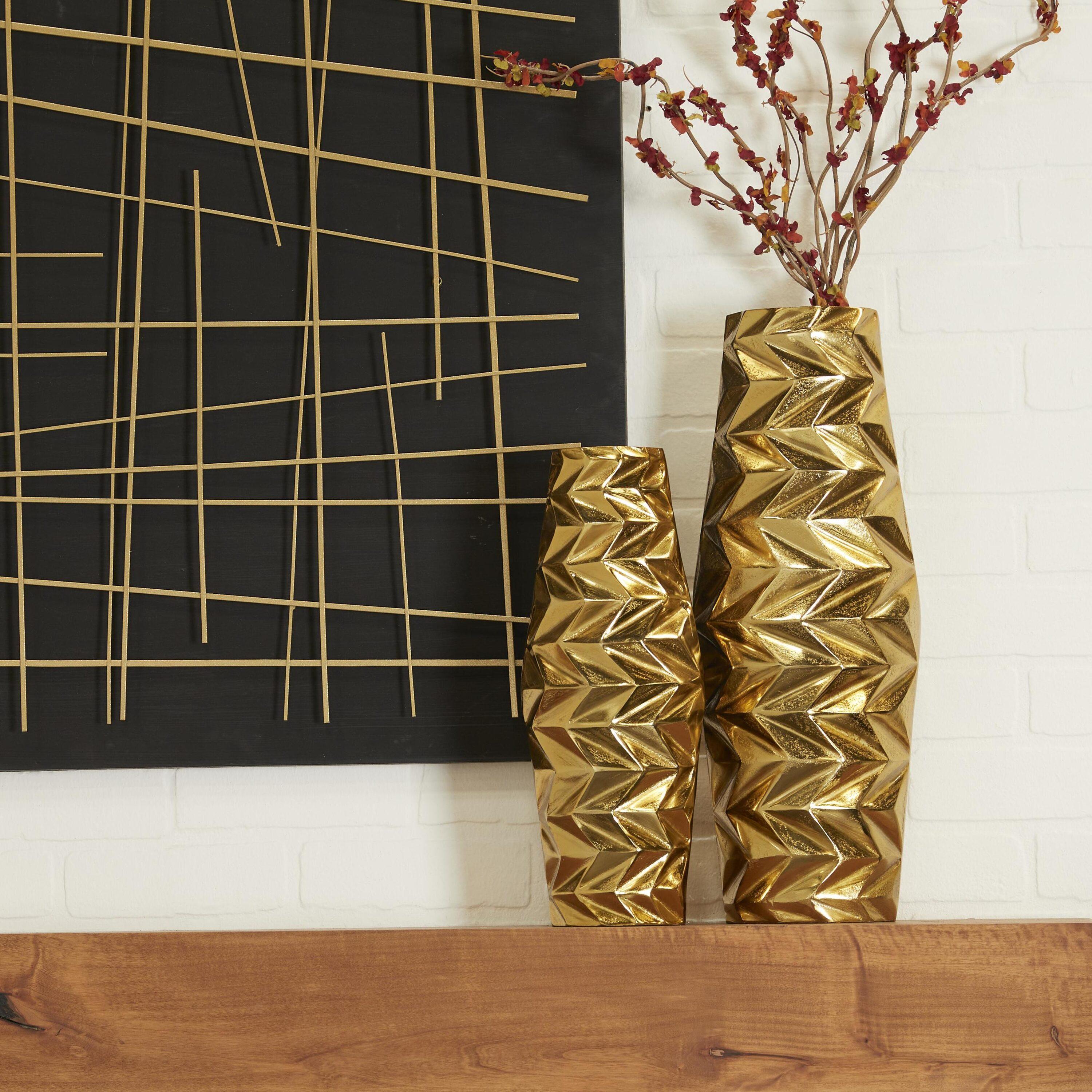 DecMode 20", 15"H Geometric Gold Aluminum Metal Vase, Set of 2