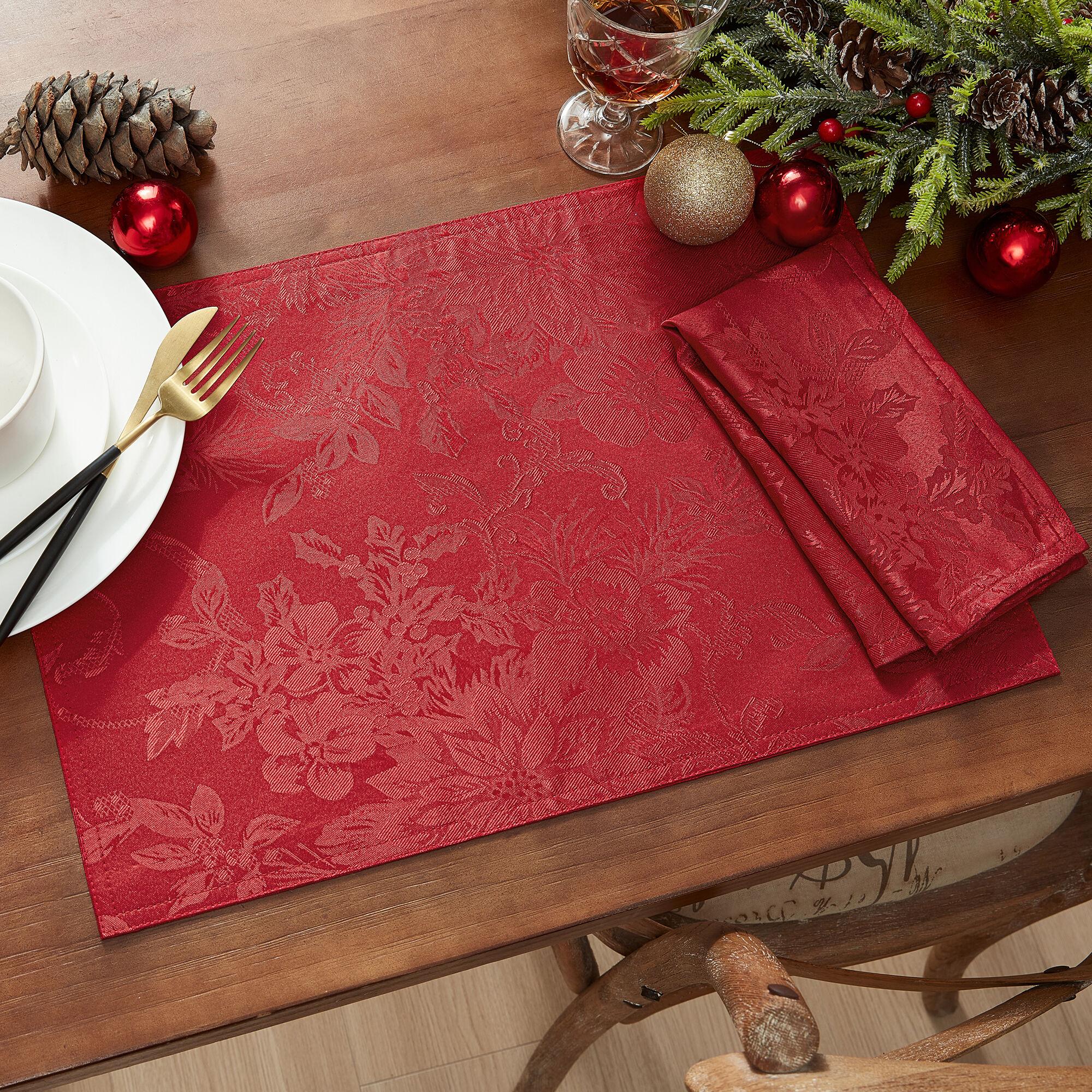 Poinsettia Elegance Jacquard Holiday Placemat, Set of 4 - 13" x 19" - Red - Elrene Home Fashions
