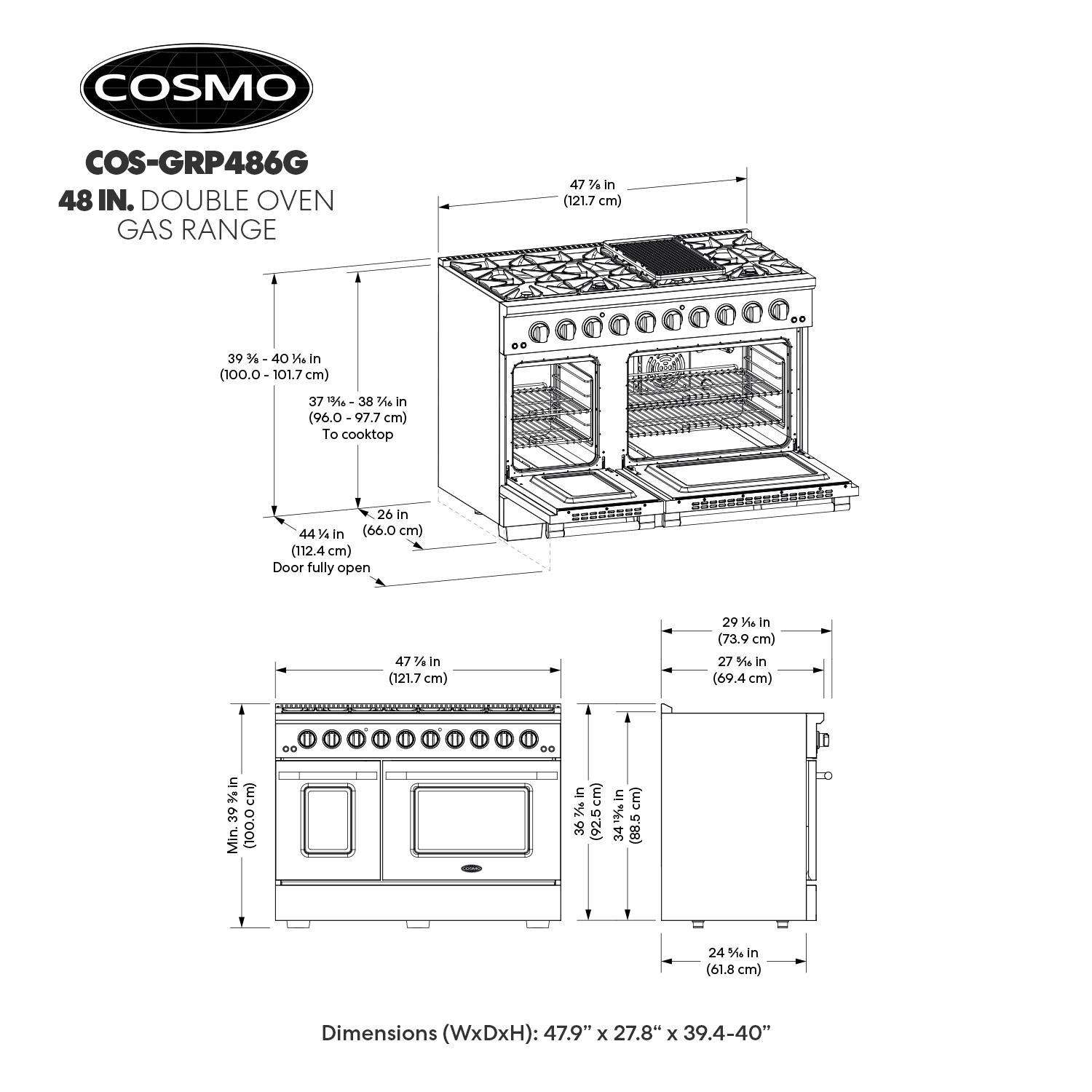 Cosmo 48 in. Vista Collection 5.5 cu. ft. Double Oven Gas Range, 8 Italian Burners, LED Panel, Cast Iron Grates, Stainless Steel