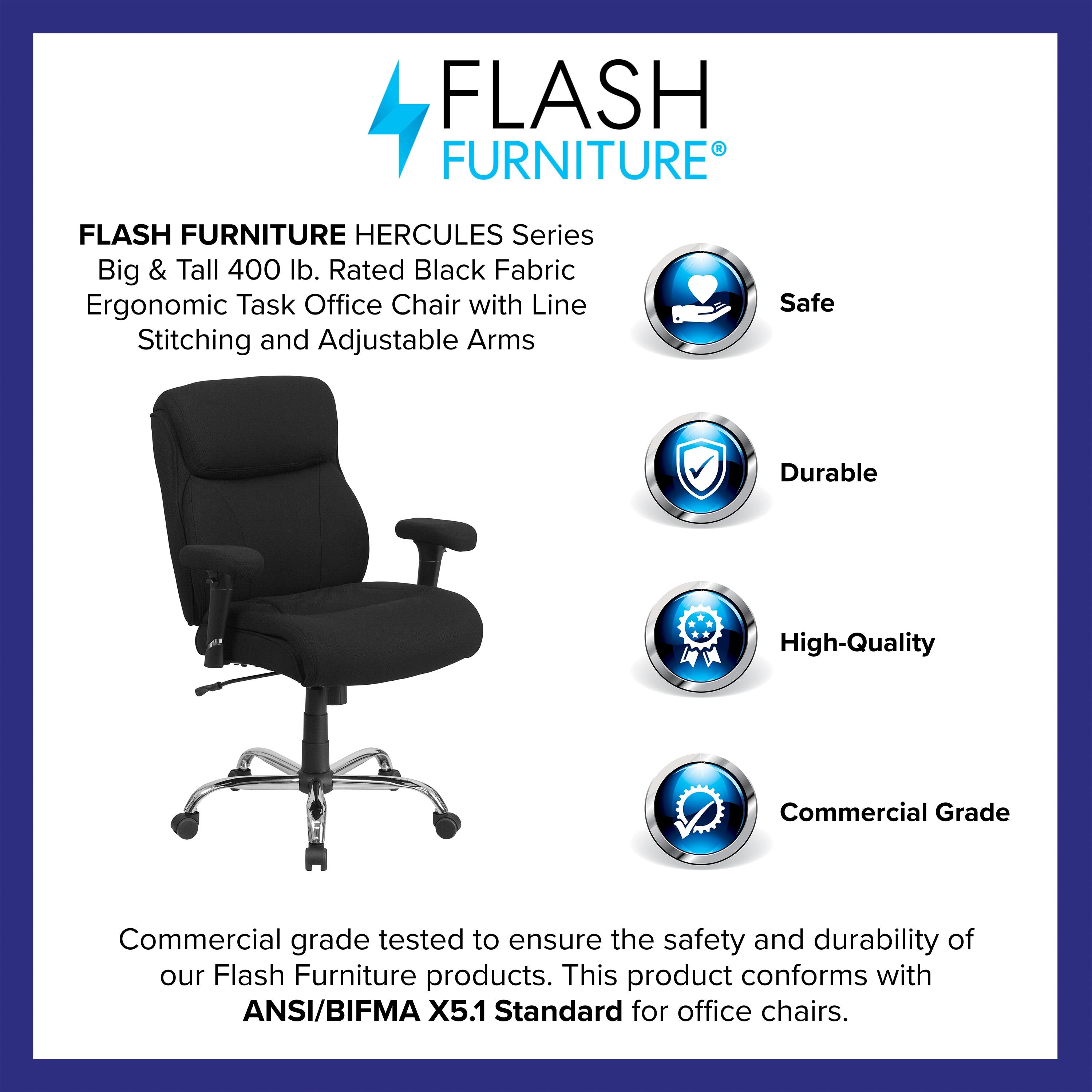 Flash Furniture HERCULES Series Big & Tall 400 lb. Rated Black Fabric Ergonomic Task Office Chair with Line Stitching and Adjustable Arms