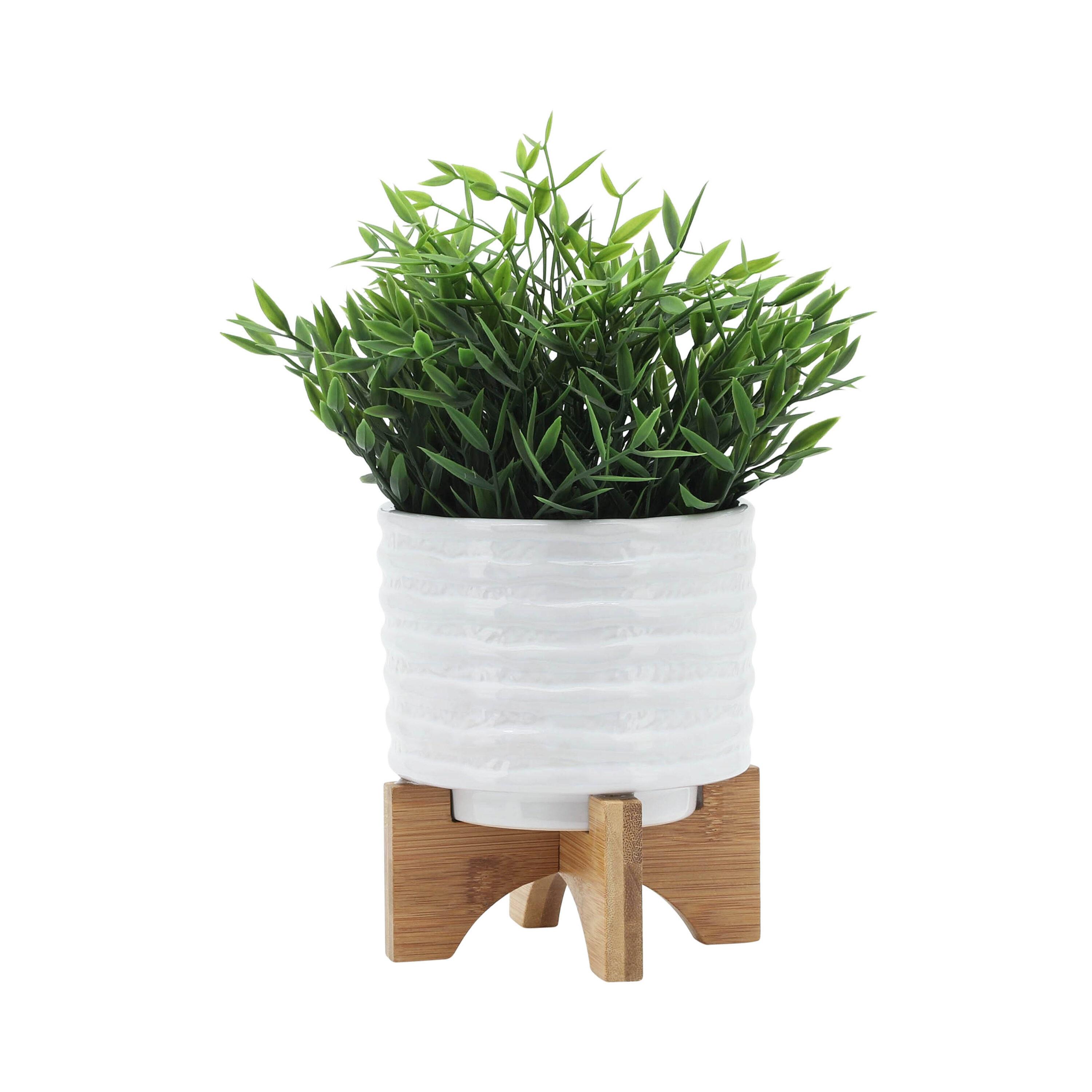 6" Ceramic Planter on Stand White Stripe - Sagebrook Home: Ridged, Wood Stand, Indoor/Outdoor Use