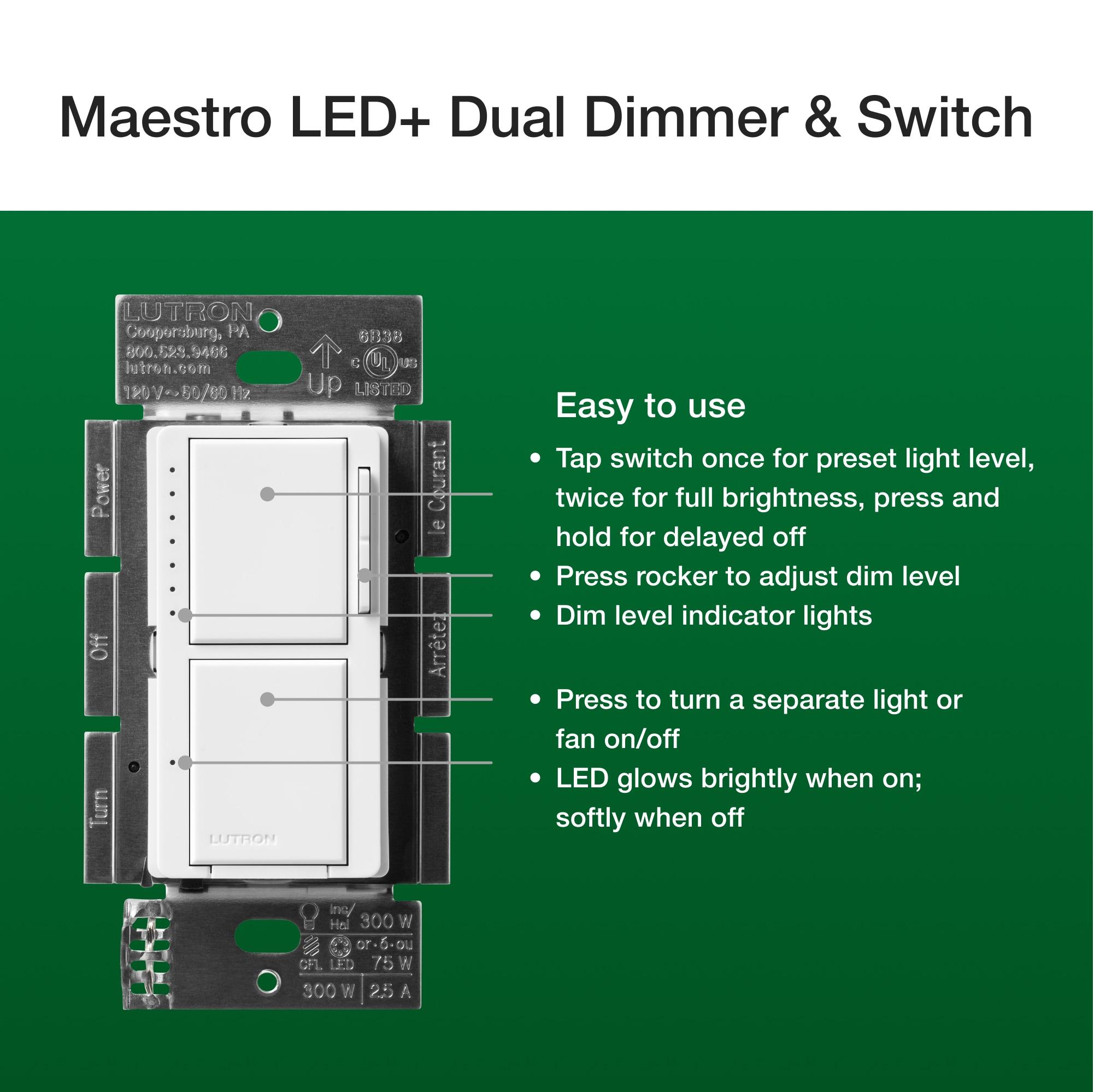 Lutron Maestro LED+ Dual Dimmer and Switch for 75-Watt LED Bulbs/2.5A Fans, Single Pole, White