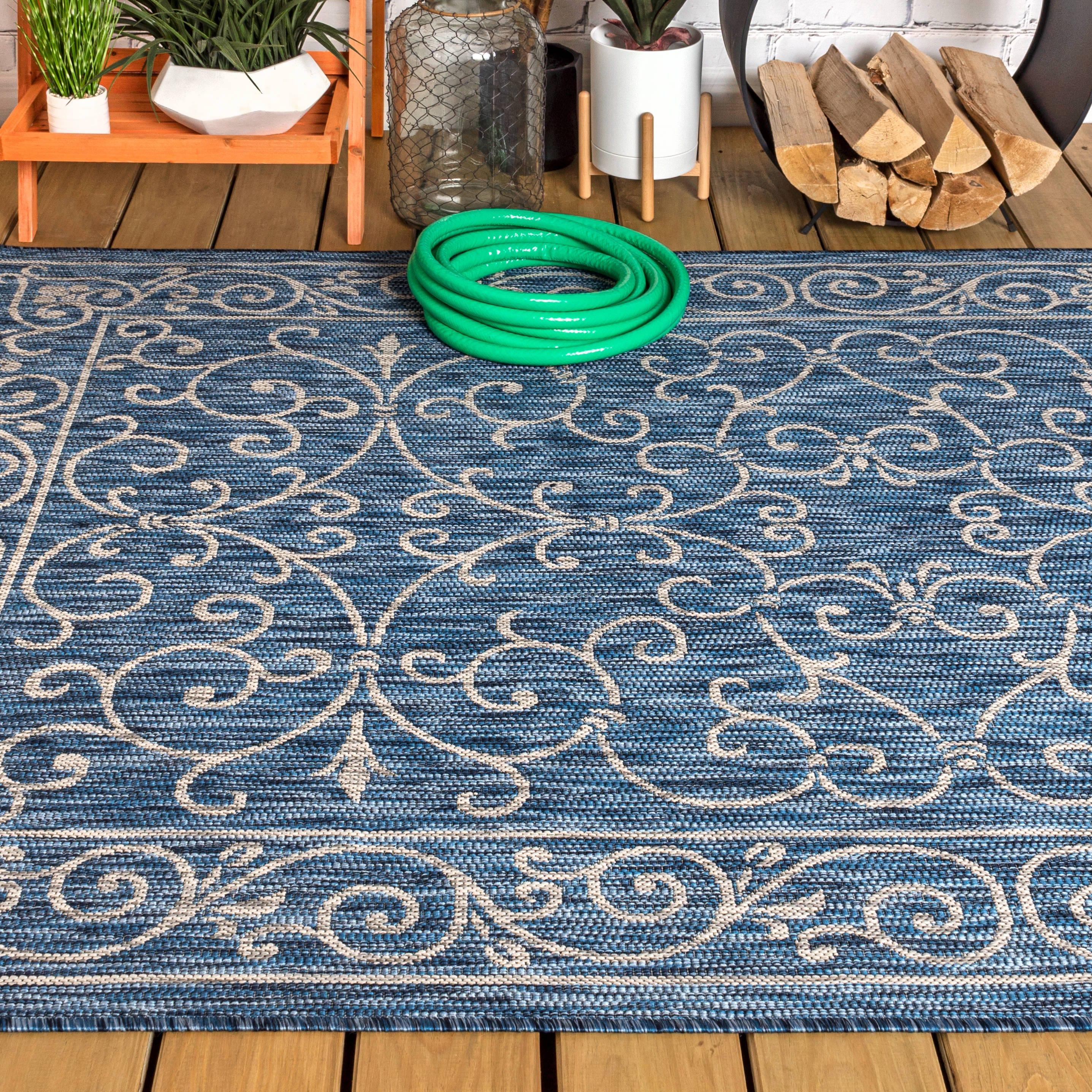 9' X 12' Charleston Vintage Filigree Textured Weave Indoor/Outdoor Area Rug, Navy/Gray - JONATHAN Y