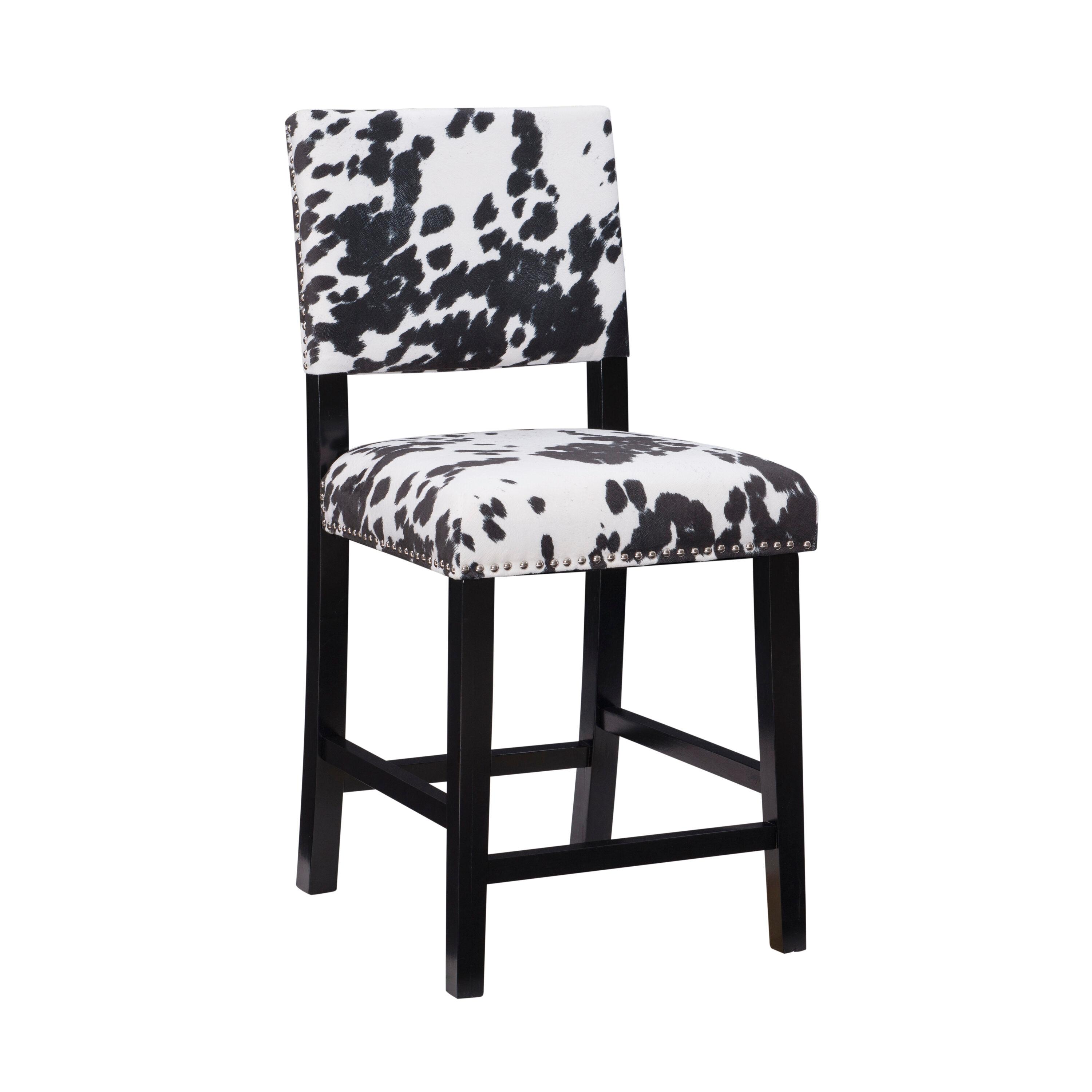 Linon Corey Black Cow Print Upholstery Counter Height Barstool Black/White: Farmhouse Style, Wood Frame, Footrest