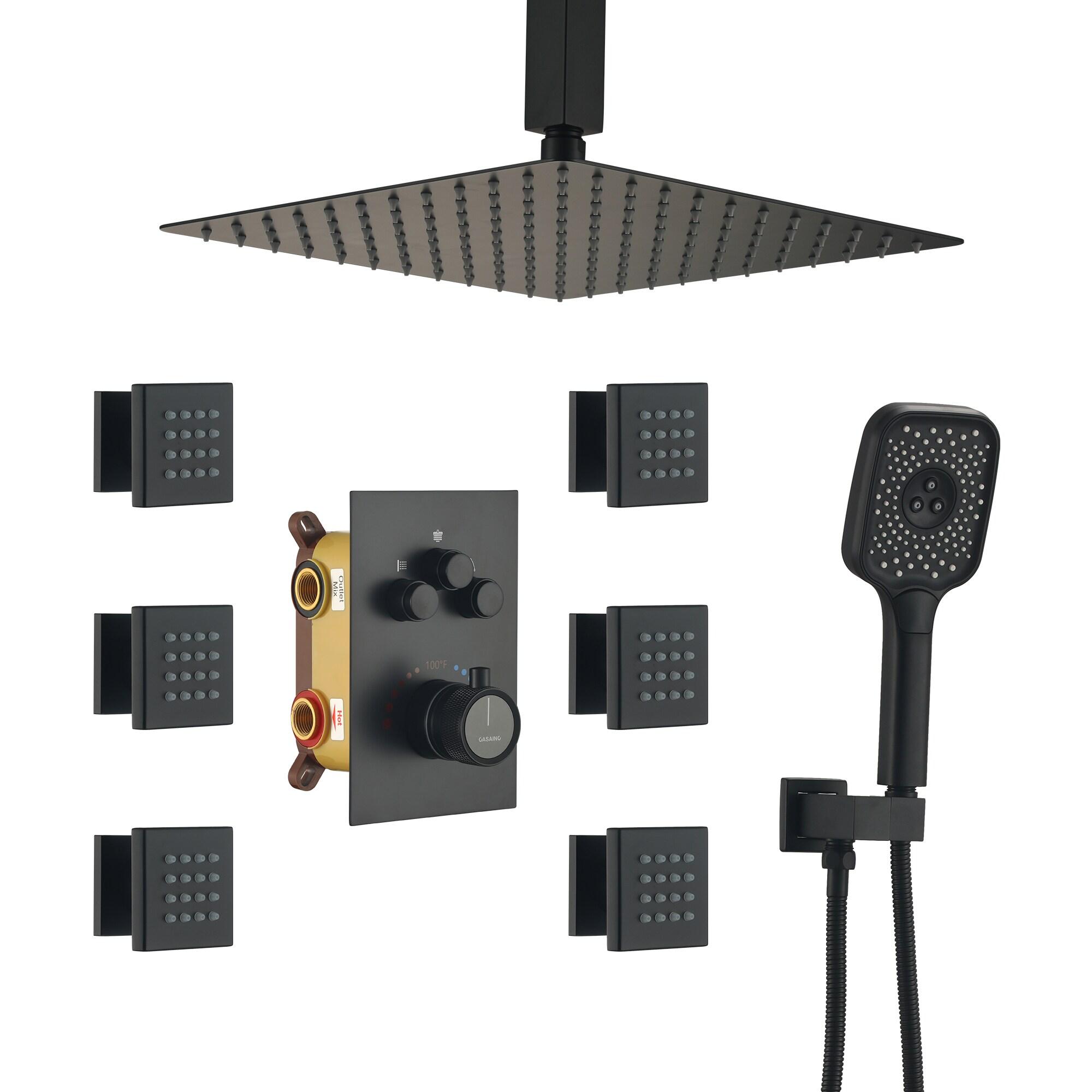 Revitalize 3-Function 12 Inch Ceiling Mount Rainfall Thermostatic Shower System with 6 Body Jets