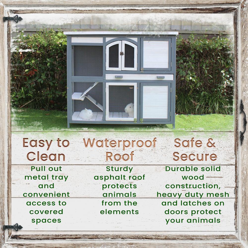 Hanover Outdoor Wooden 2-Story Rabbit Hutch with 2 Ramps, Wire Mesh Run and Removable Tray 4 Ft. W x 1.6 Ft. D x 3.4 Ft. H