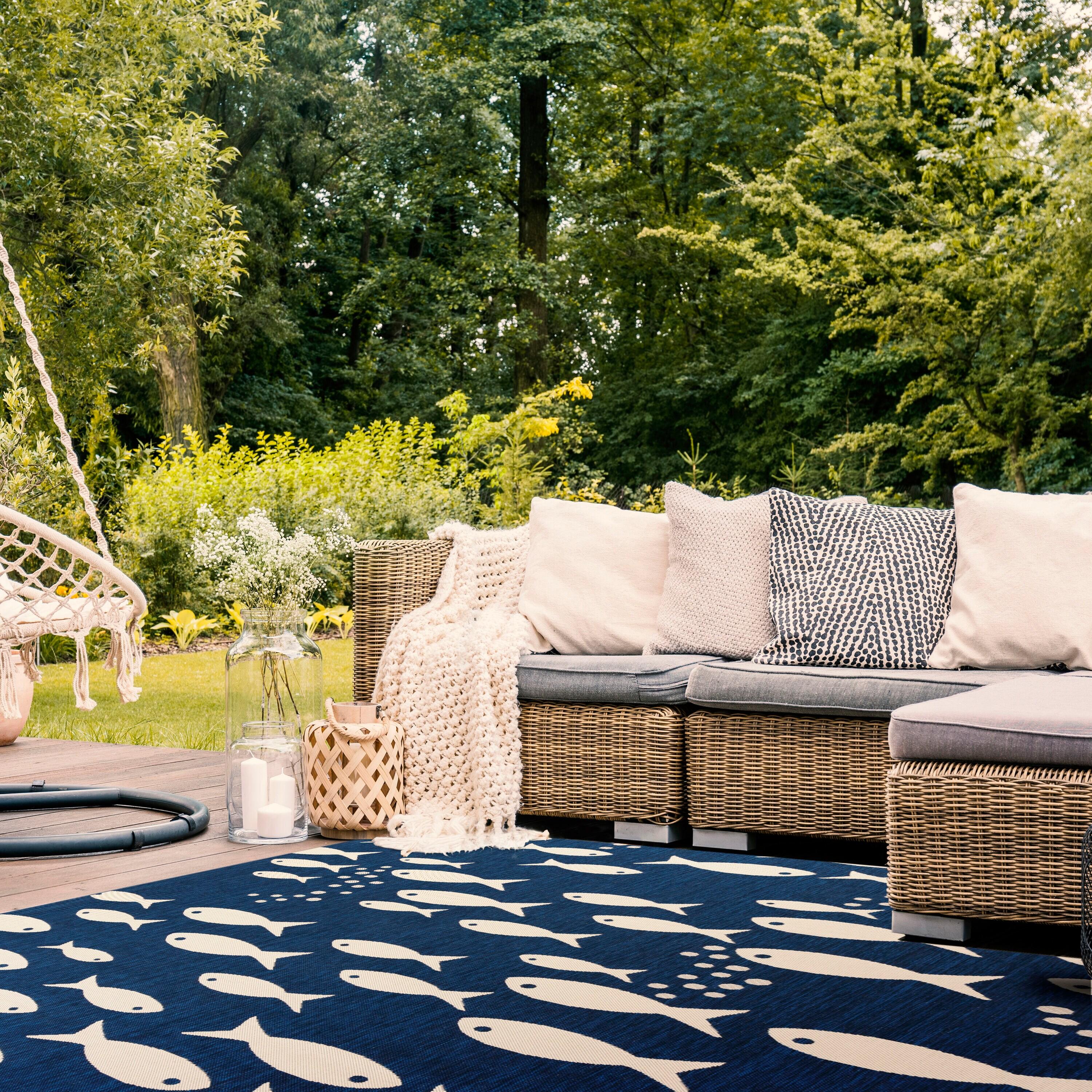 Courtyard CY6012 Power Loomed Indoor/Outdoor Area Rug - Navy/Beige - 5'3"x5'3" - Safavieh.