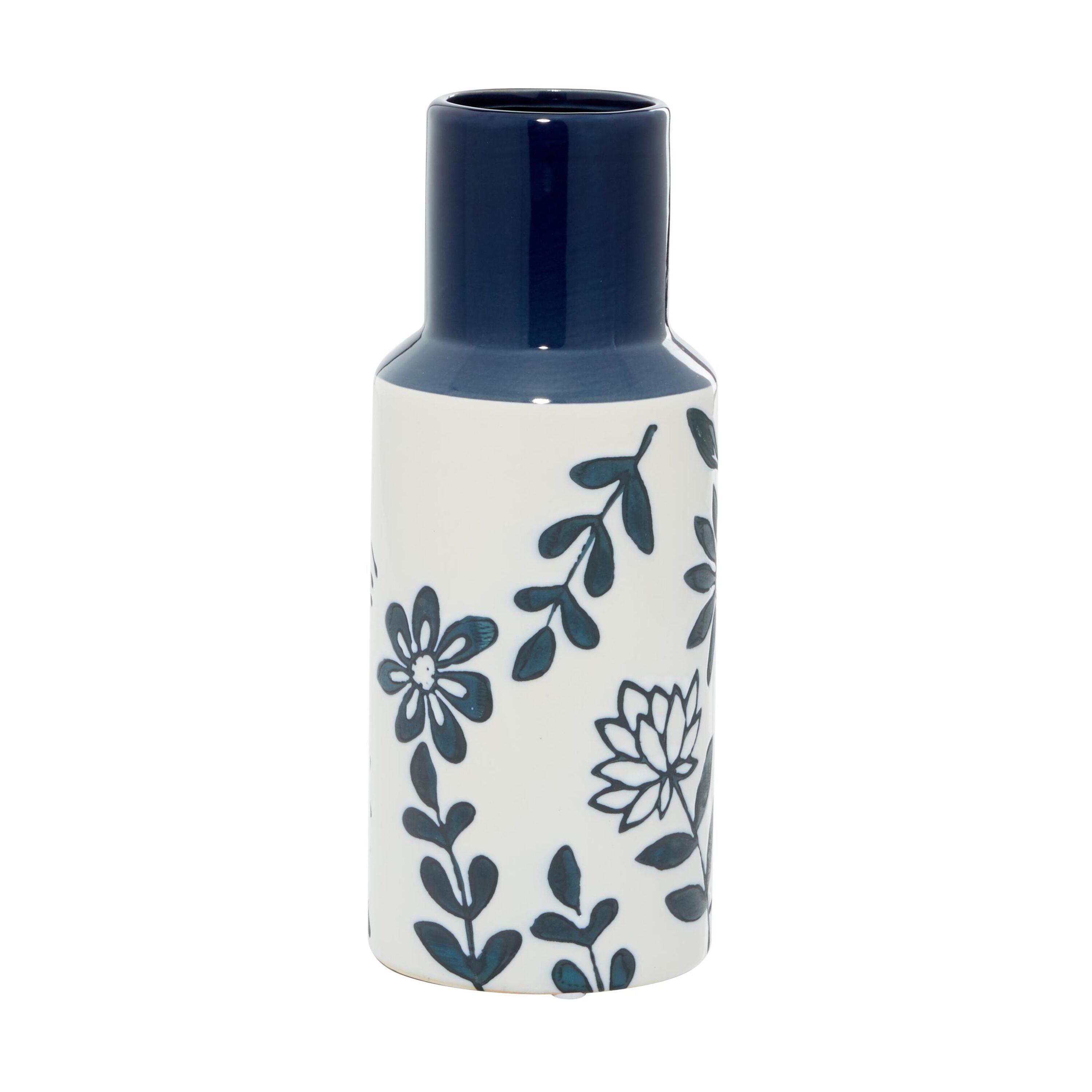 The Novogratz 12" Floral Handmade Blue Ceramic Vase