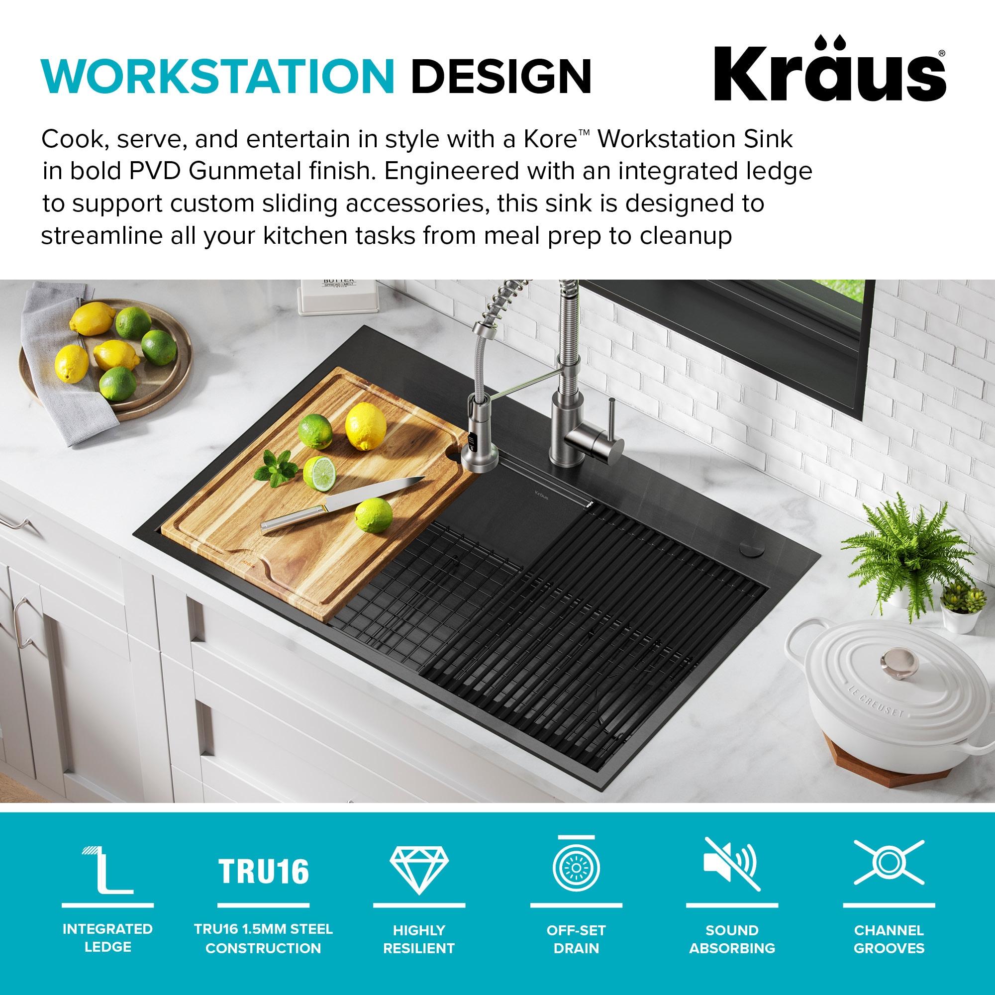 KRAUS Kore™ Workstation 33" L Top Mount Drop-In 16 Gauge Black Stainless Steel Single Bowl Kitchen Sink