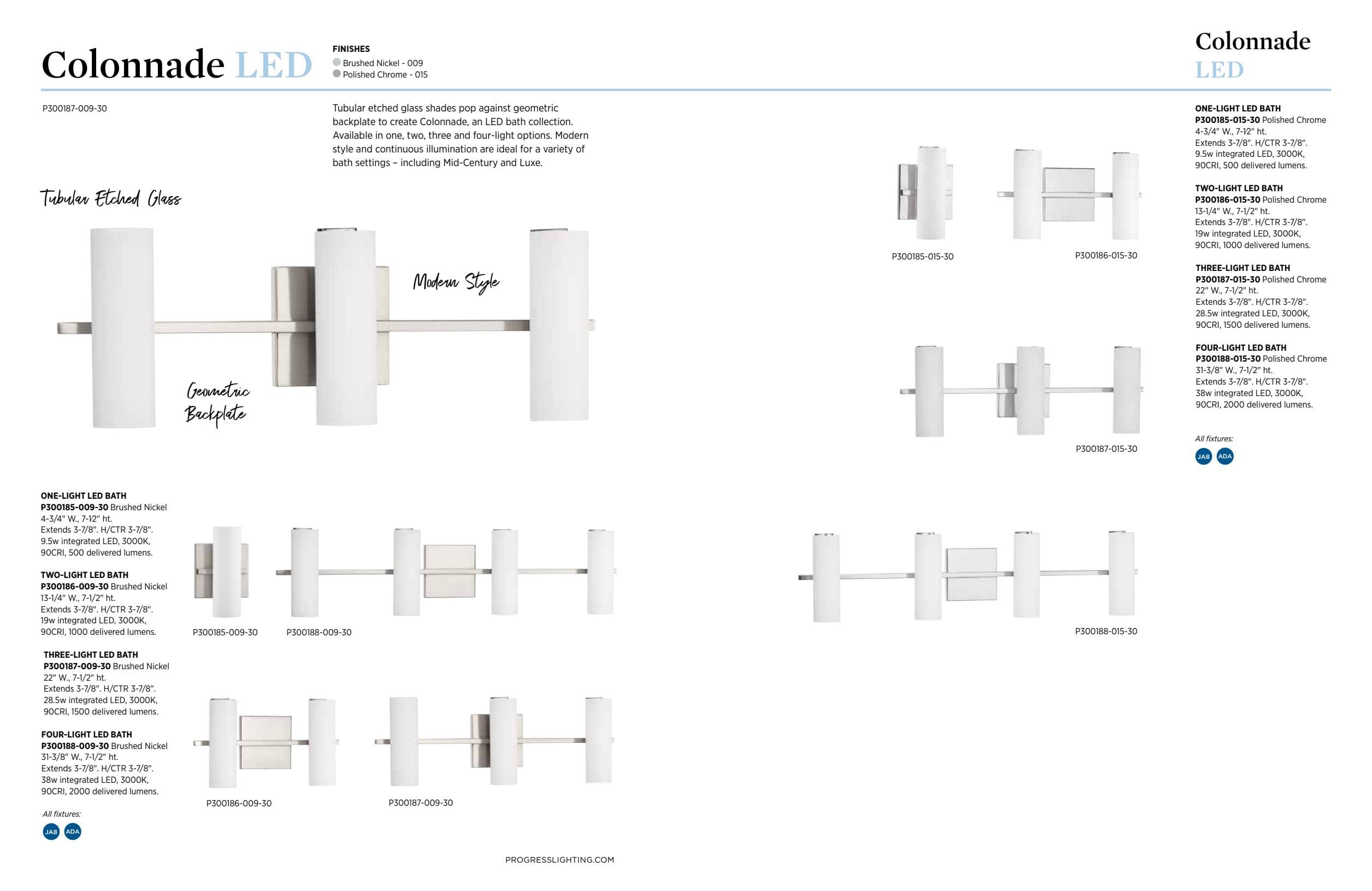 Progress Lighting Colonnade 4-Light LED Bath Vanity in Brushed Nickel with Tubular Etched Glass Shades