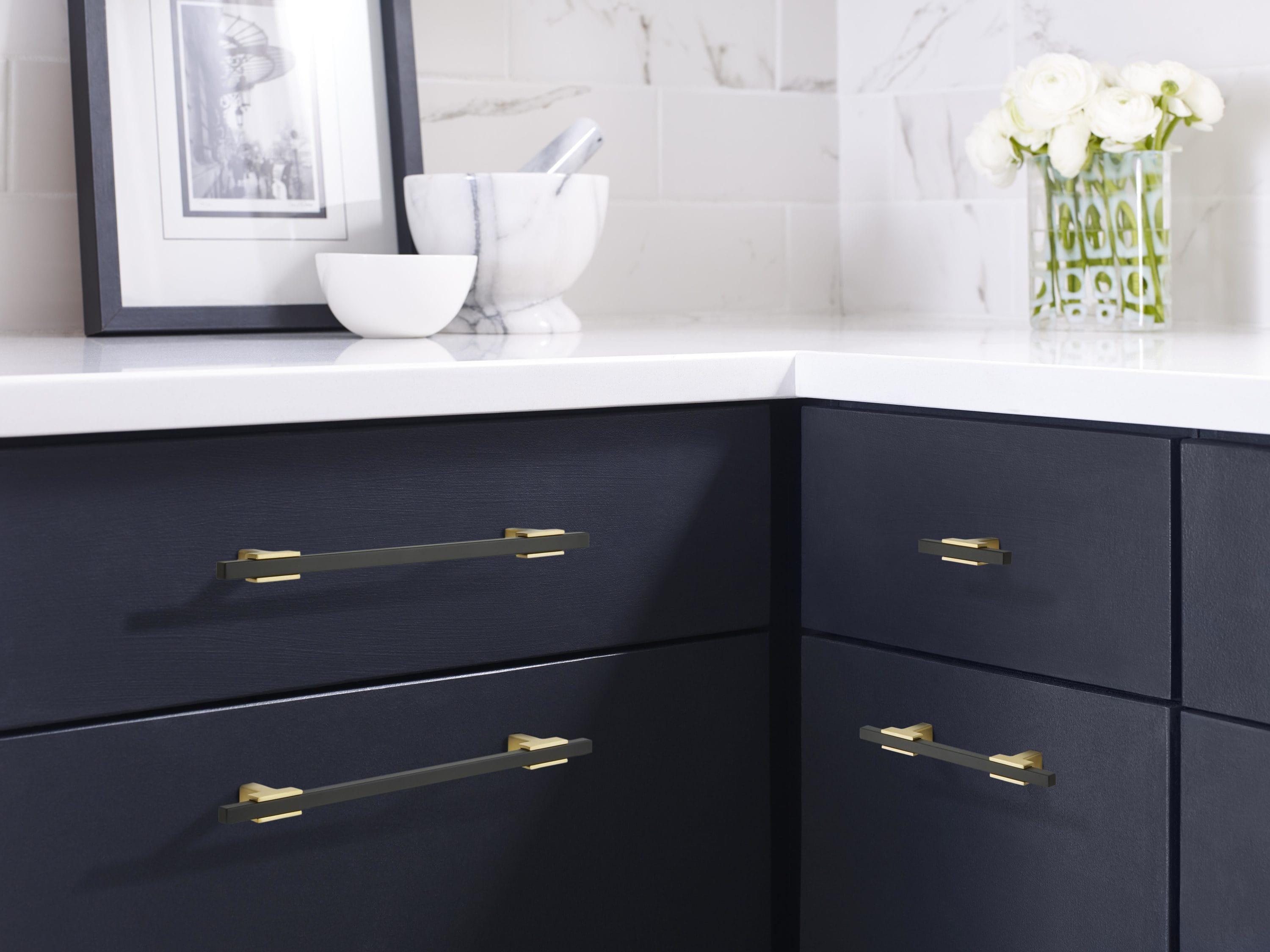 Amerock Urbanite 7-9/16 inch (192mm) Center-to-Center Brushed Gold/Matte Black Cabinet Pull