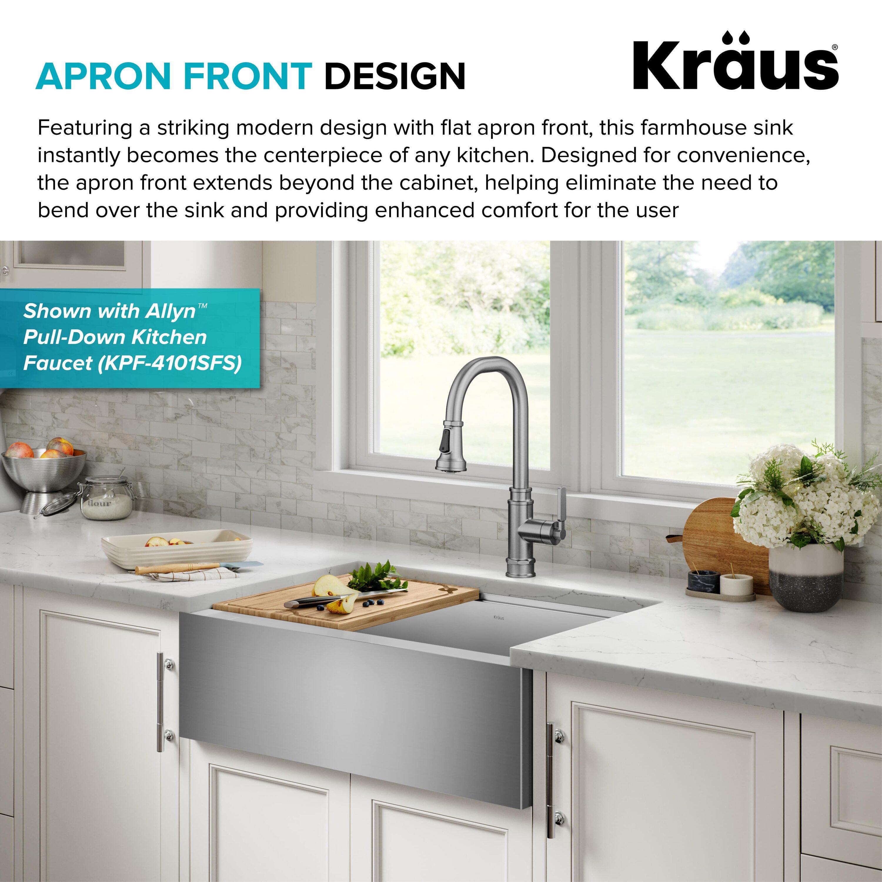 KRAUS Kore Workstation 30-inch L Farmhouse Flat Apron Front 16 Gauge Single Bowl Stainless Steel Kitchen Sink