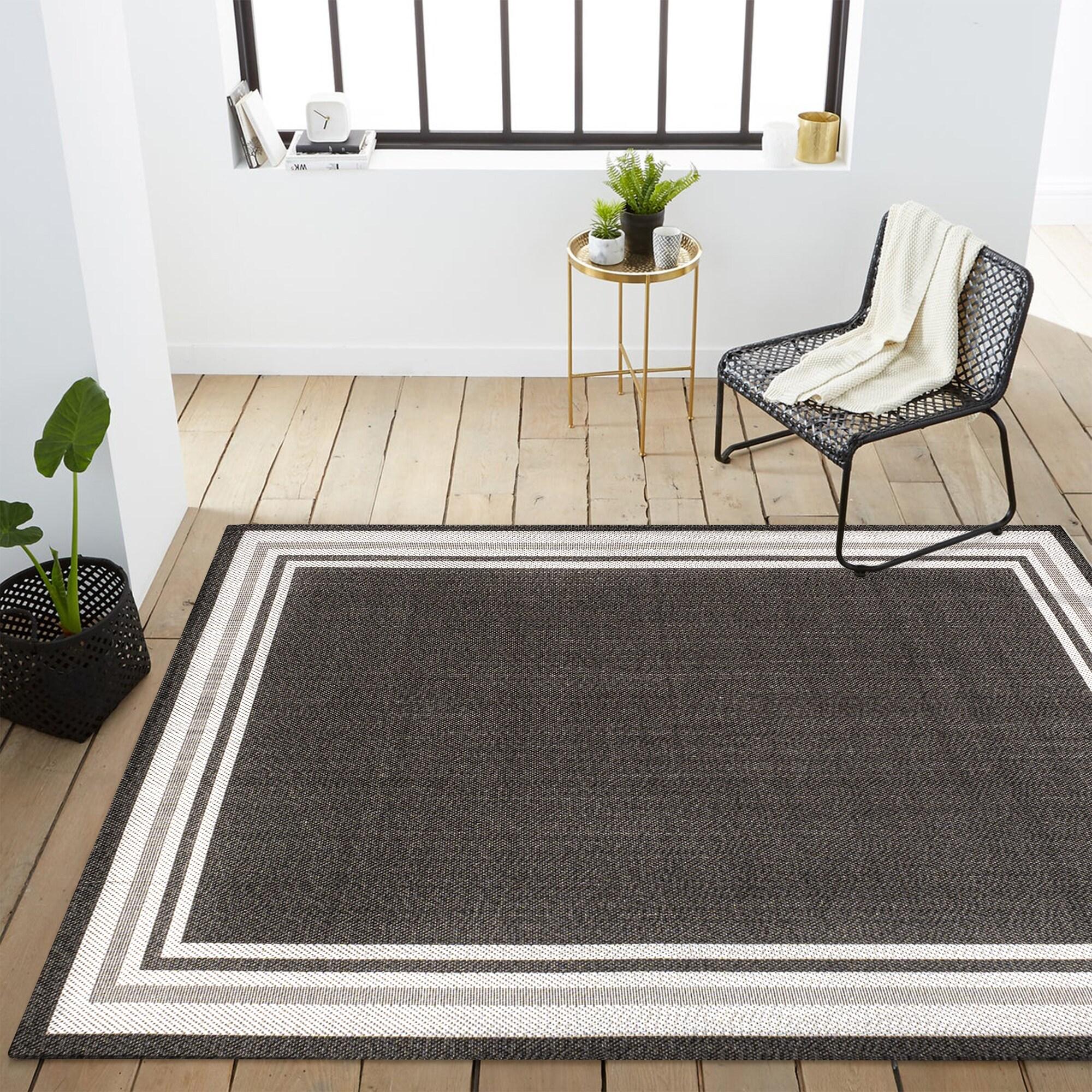 5' x 8' James Modern Border Stripe Indoor/Outdoor Area Rug, Black/Cream - JONATHAN Y