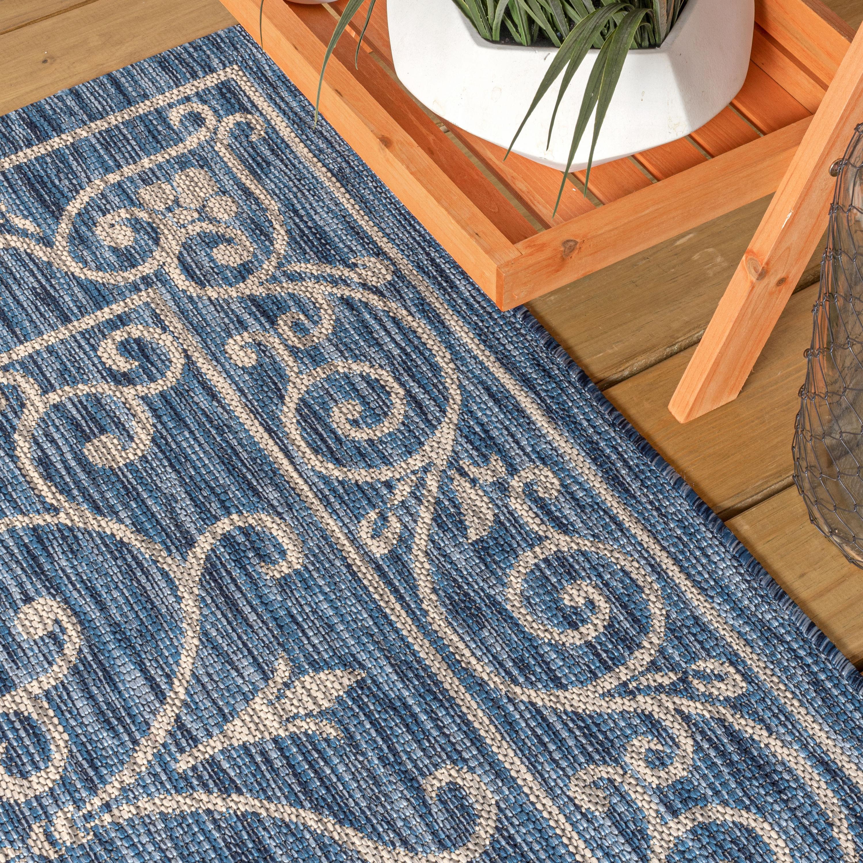 9' X 12' Charleston Vintage Filigree Textured Weave Indoor/Outdoor Area Rug, Navy/Gray - JONATHAN Y