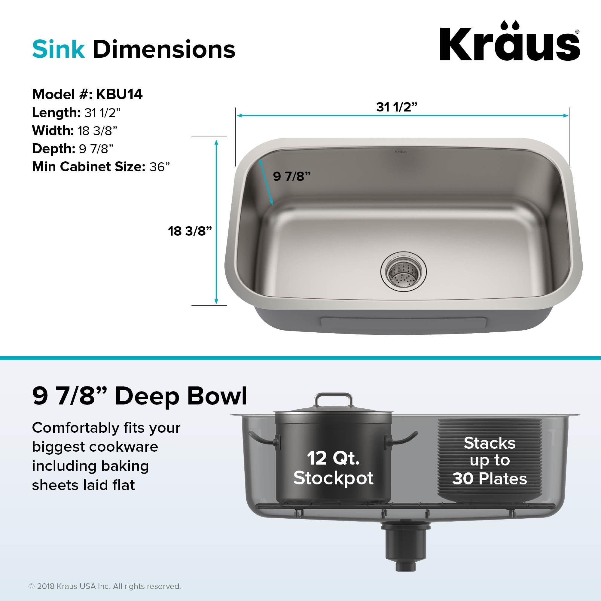 KRAUS Premier 16 Gauge Undermount Single Bowl Stainless Steel Kitchen Sink