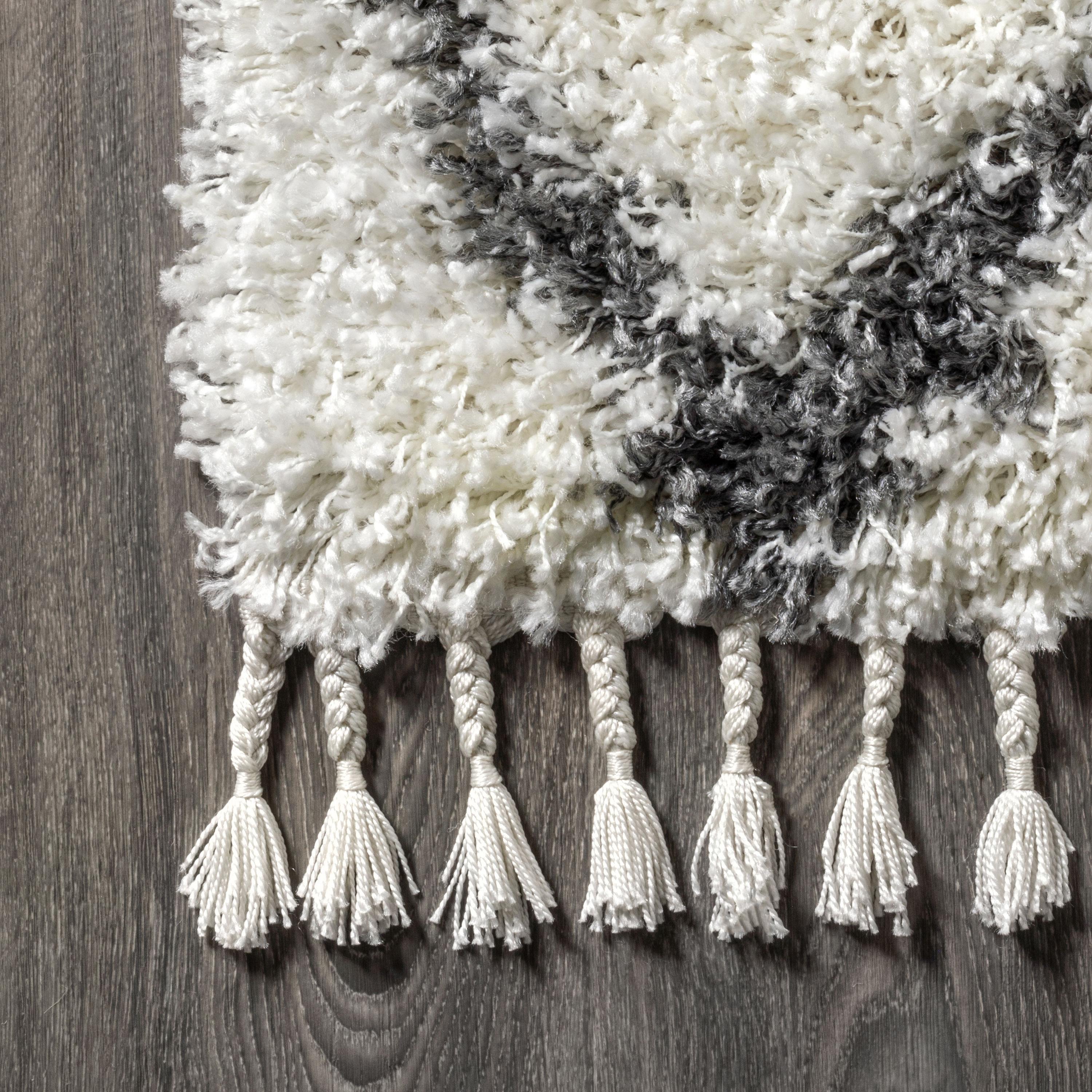 8'x10' Mercer Shag Plush Tassel Moroccan Geometric Trellis Area Rug, Cream/Grey - JONATHAN Y
