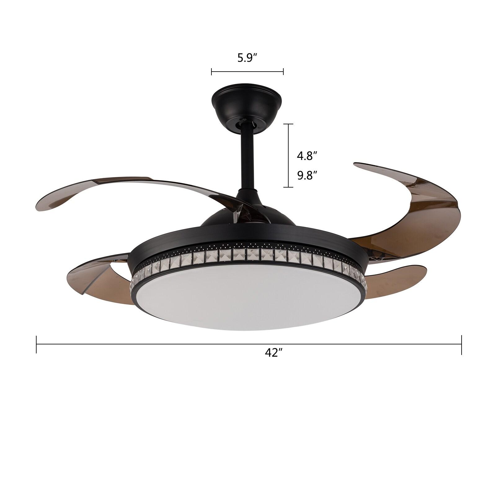 42 inch Modern Ceiling Fan with Light Remote Contro, 4-Blades Retractable LED Chandelier Fan Ceiling Light Fixture for Dining Room Living Room Black