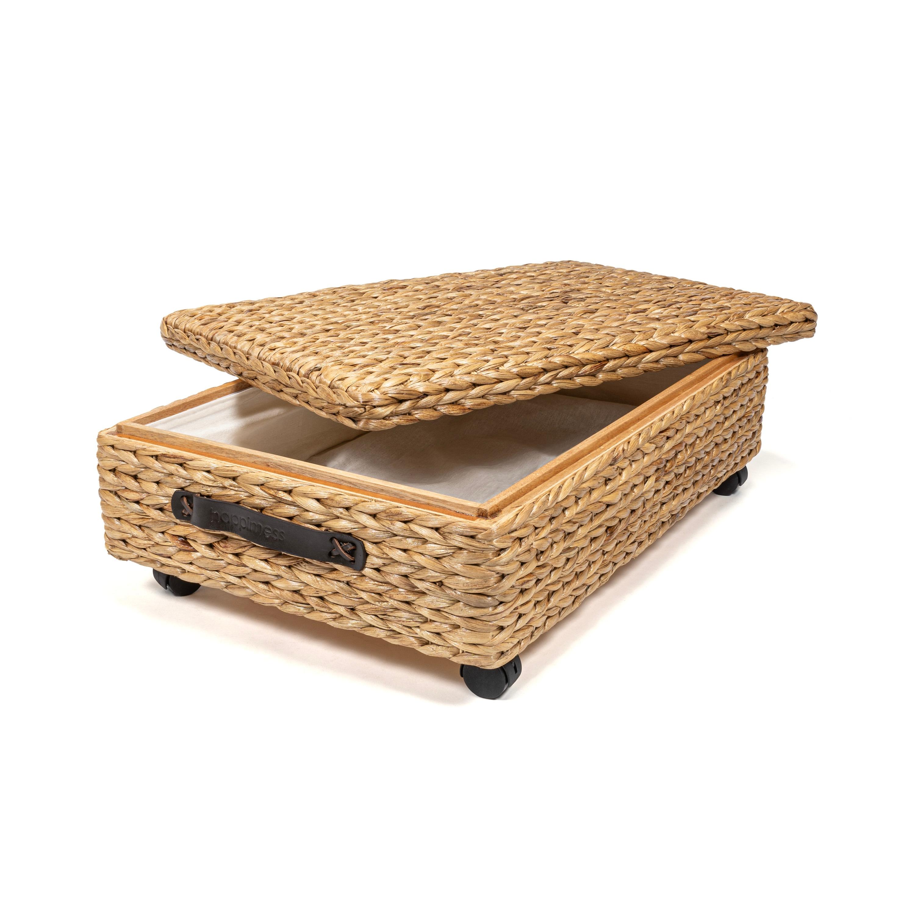 happimess Chett 26.38" Minimalist Hand-Woven Hyacinth/Wood Underbed Storage Bin with Wheels and Handles