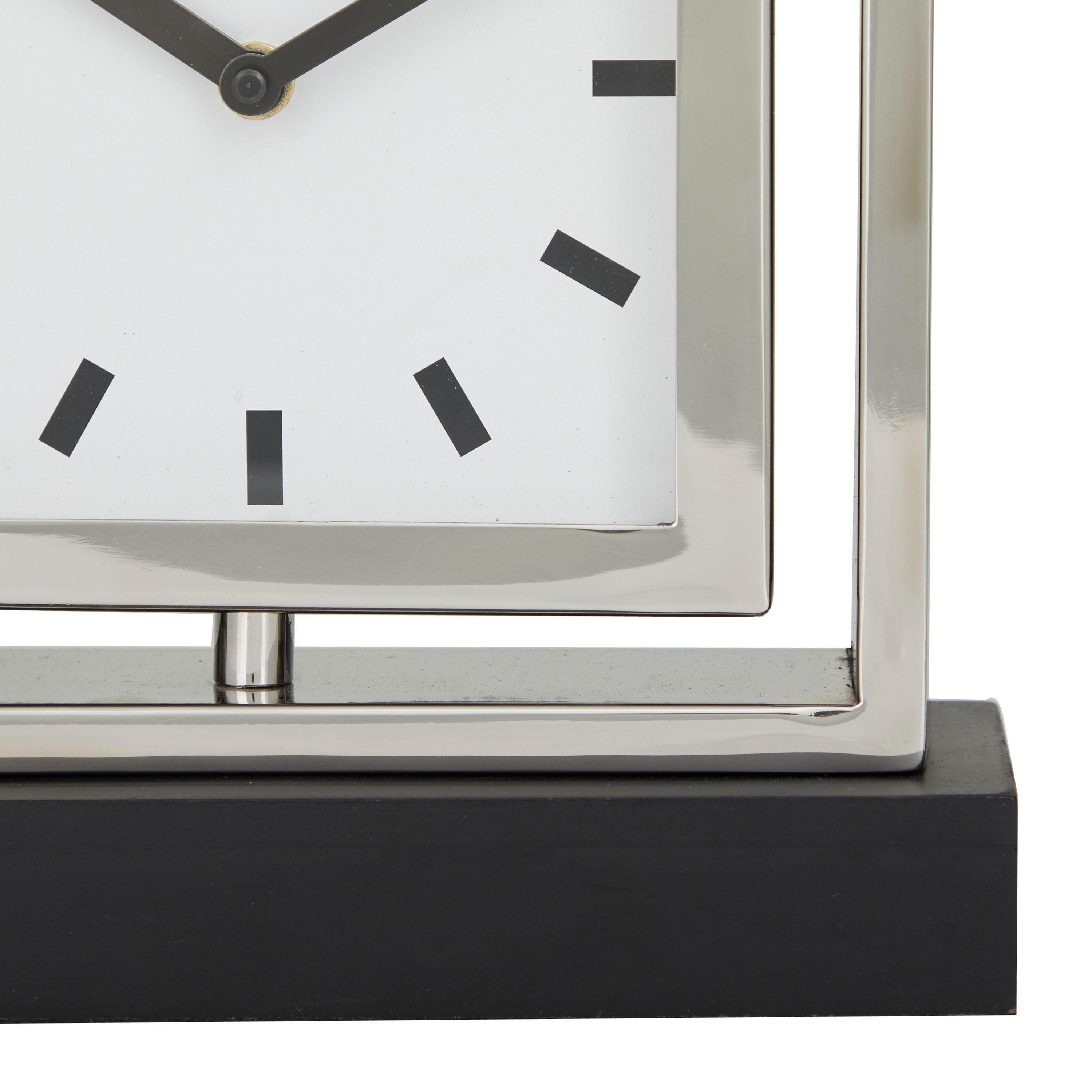 DecMode Stainless Steel Glam Square Table Clock 9"W x 10"H, with Silver Framed Structure, White Clock Face and Black Base