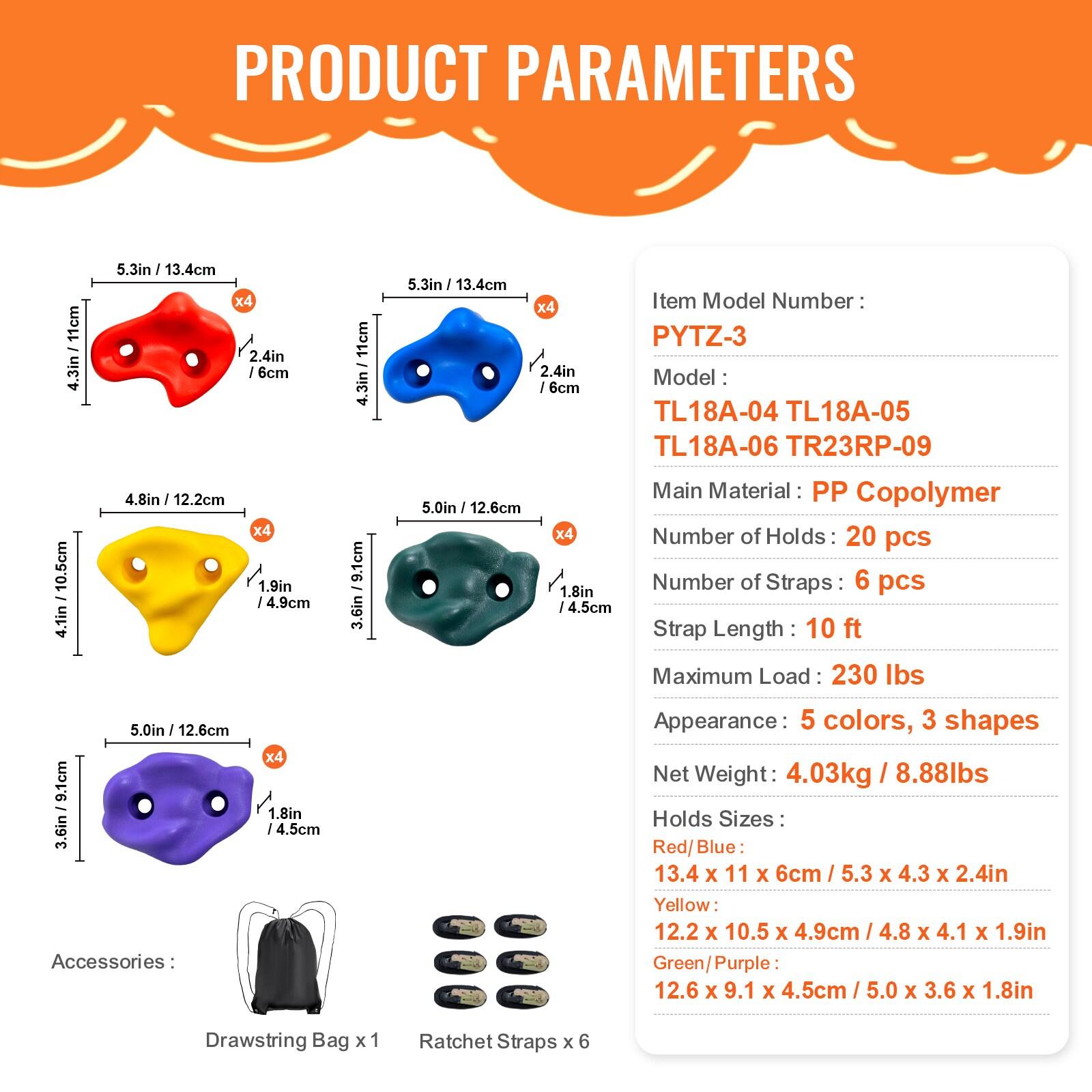 VEVOR Ninja Tree Climbing Kit,20 Tree Climbing Holds and 6 Ratchet Straps,Large Climbing Rocks for Kids and Adults Climber,Various Colors and Shapes