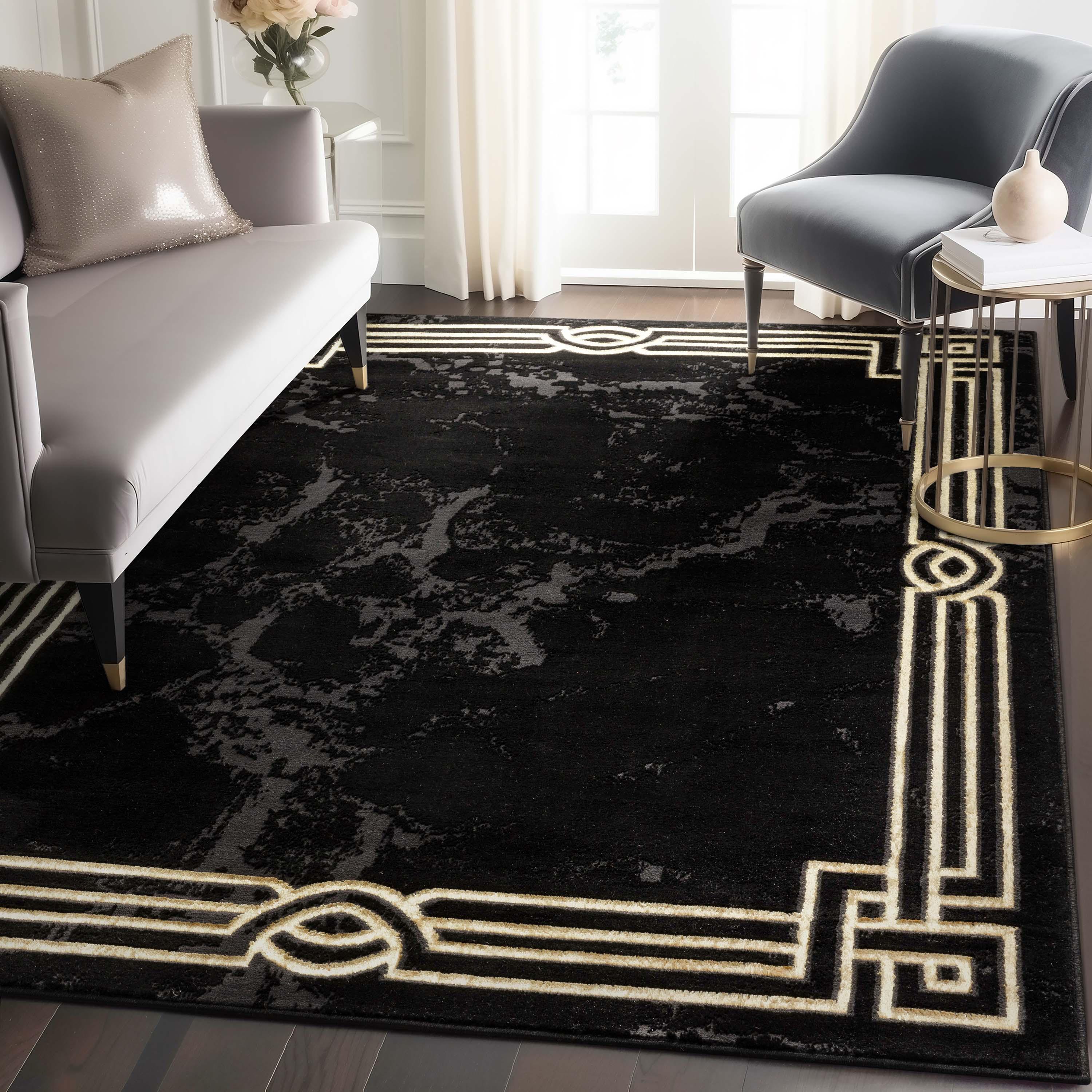 FairmontMarble Abstract Black Gold Glam Area Rug for Living Room, Bedroom, Dining Room and Hallway