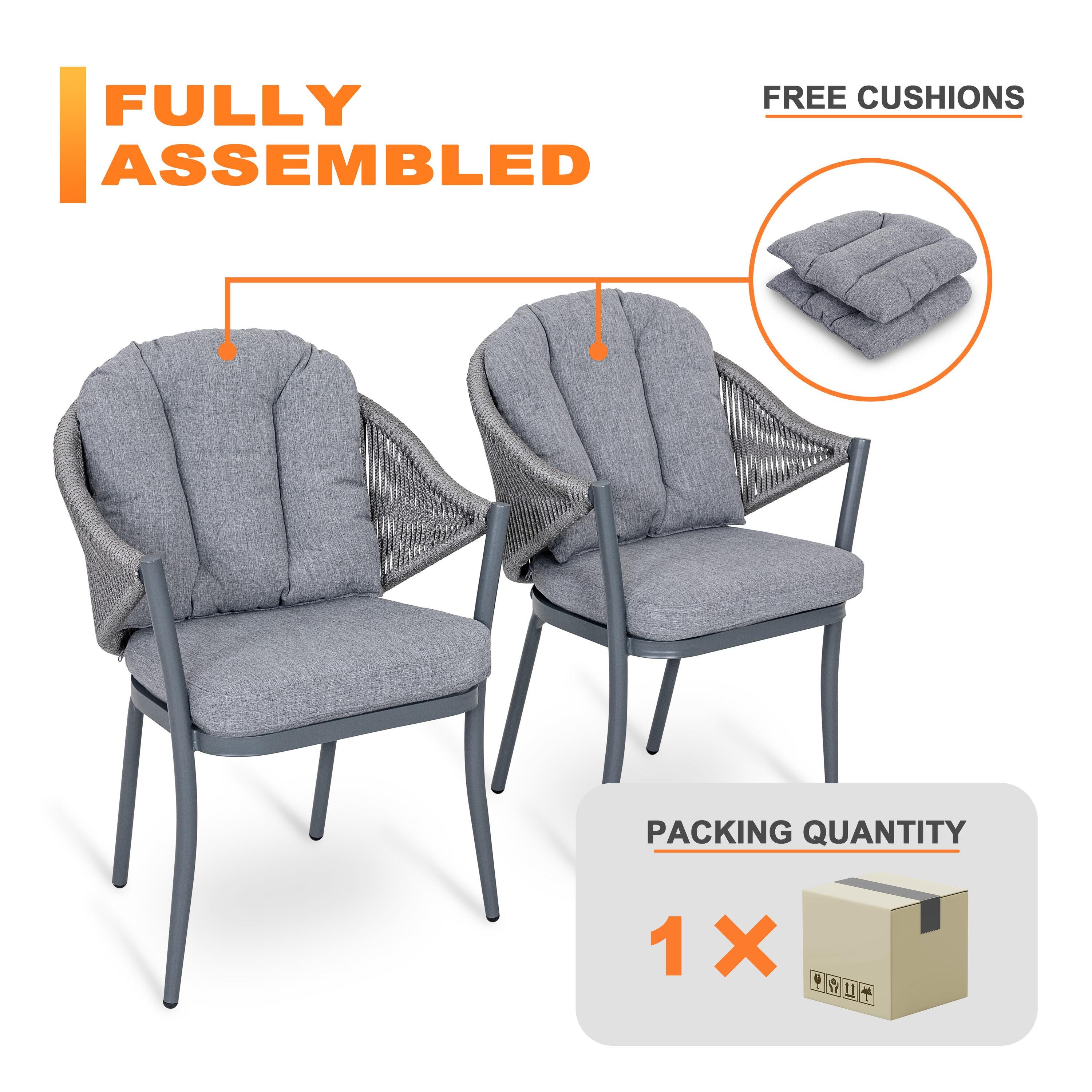 Nuu Garden Patio Dining Chairs Set of 2, Woven Rope Outdoor Dining Chairs, All-Weather Aluminum Arm Chairs with Cushions, No Assembly Light Grey