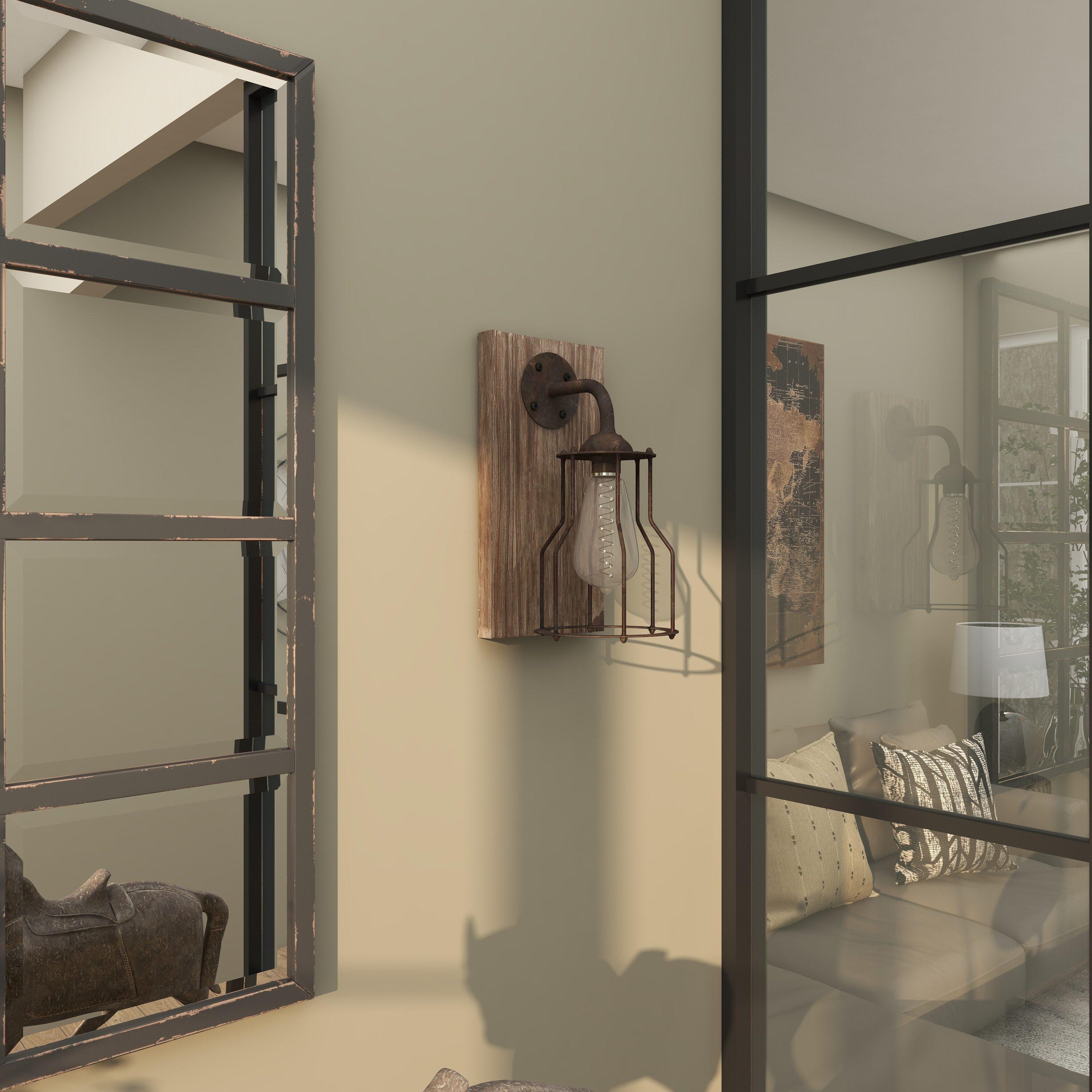 DecMode Industrial Metal Wall Sconce with Wood Backplate and Iron Cage, 6"W x 11"H Features Rustic Brown Finish