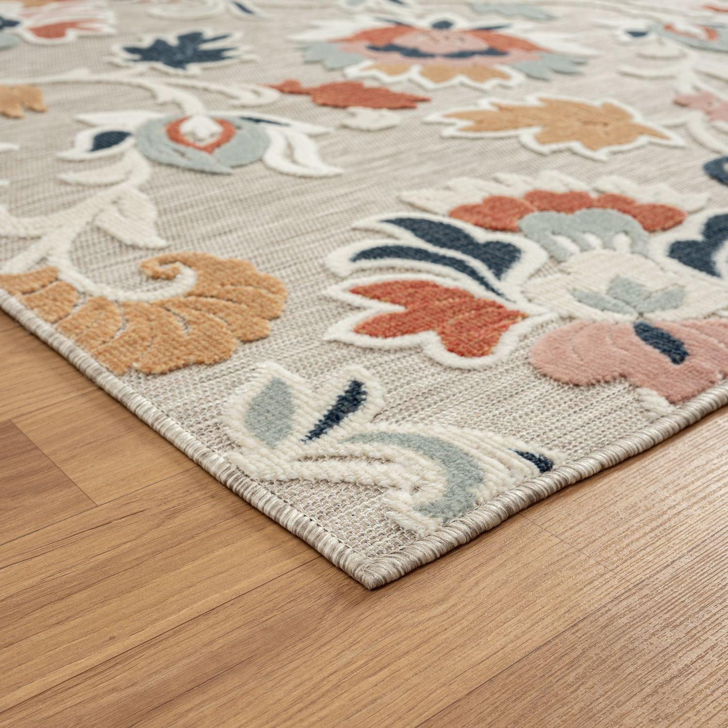 HomeRoots 5' X 7' Blue And Gray Floral Stain Resistant Indoor Outdoor Area Rug