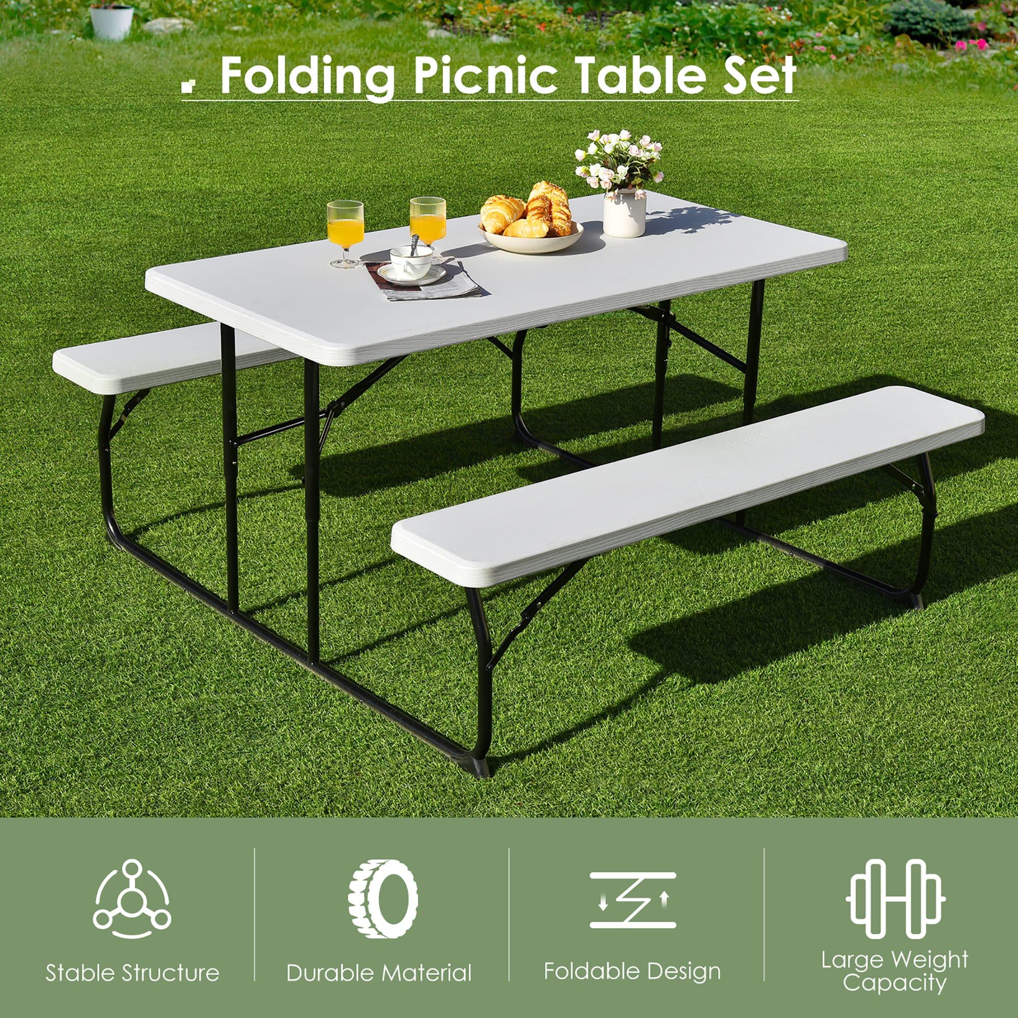 White Plastic Folding Picnic Table Bench Set with Wood-Like Texture