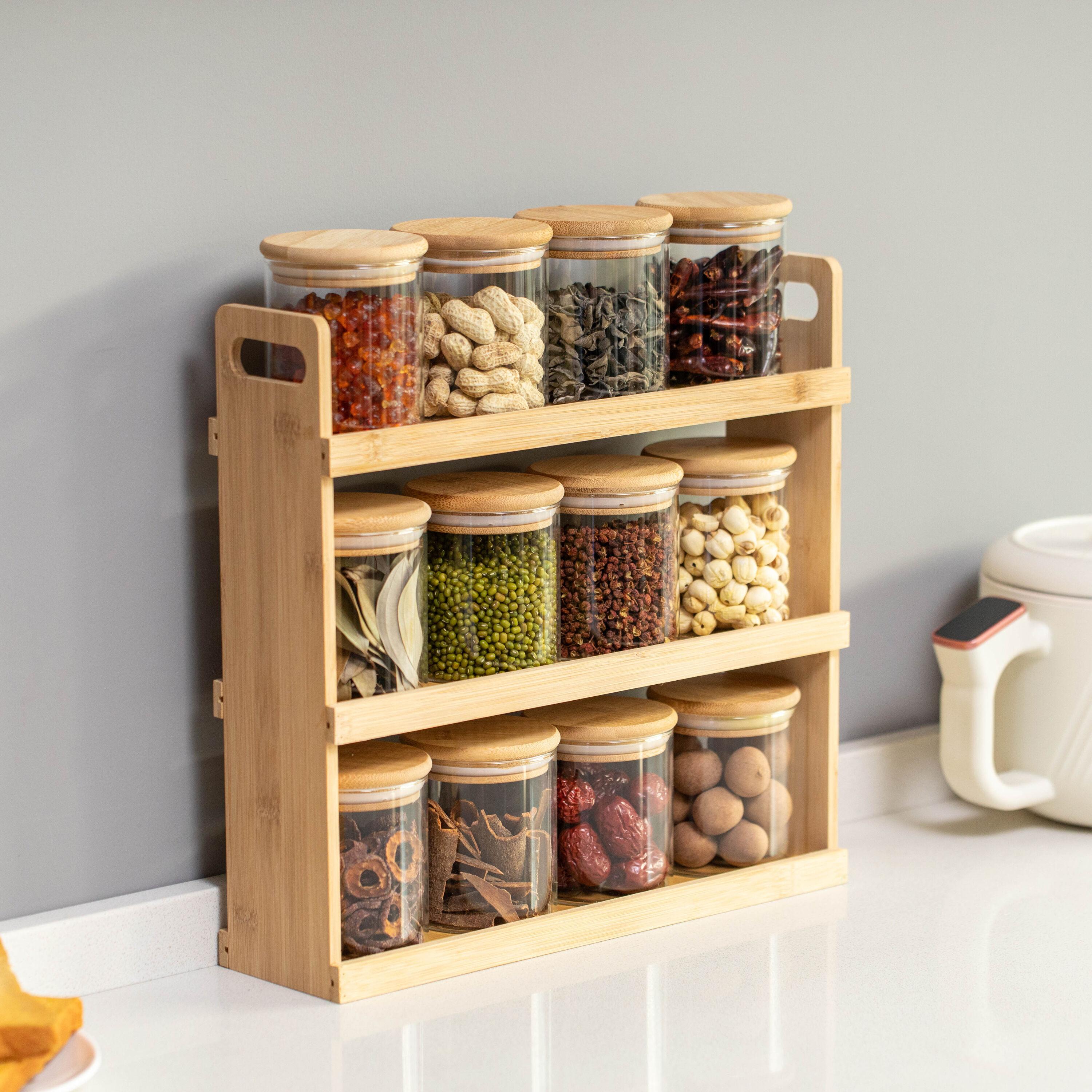 Basicwise 3-Tier Bamboo Spice Rack & Pantry Organizer with 12 Glass Jars.Perfect for Storage in Kitchens to Keep Seasoning Containers Neatly Displayed