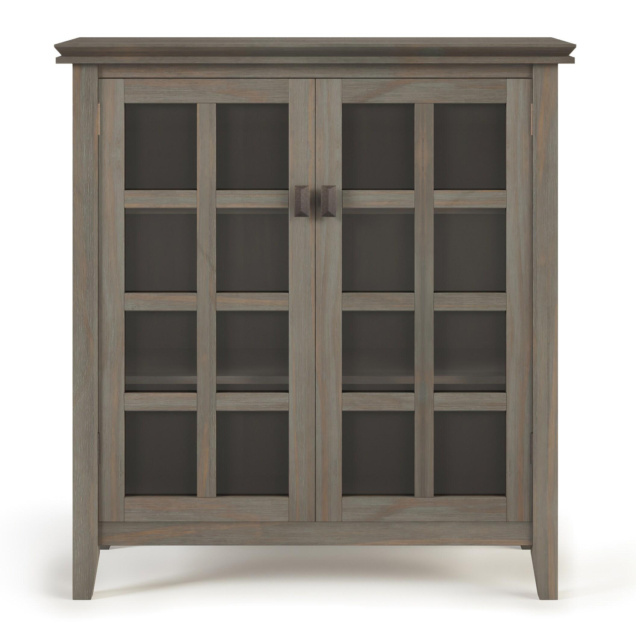 Simpli Home Artisan 38"W Solid Wood 4-Shelf Medium Storage Cabinet with Glass Doors and Adjustable Shelves