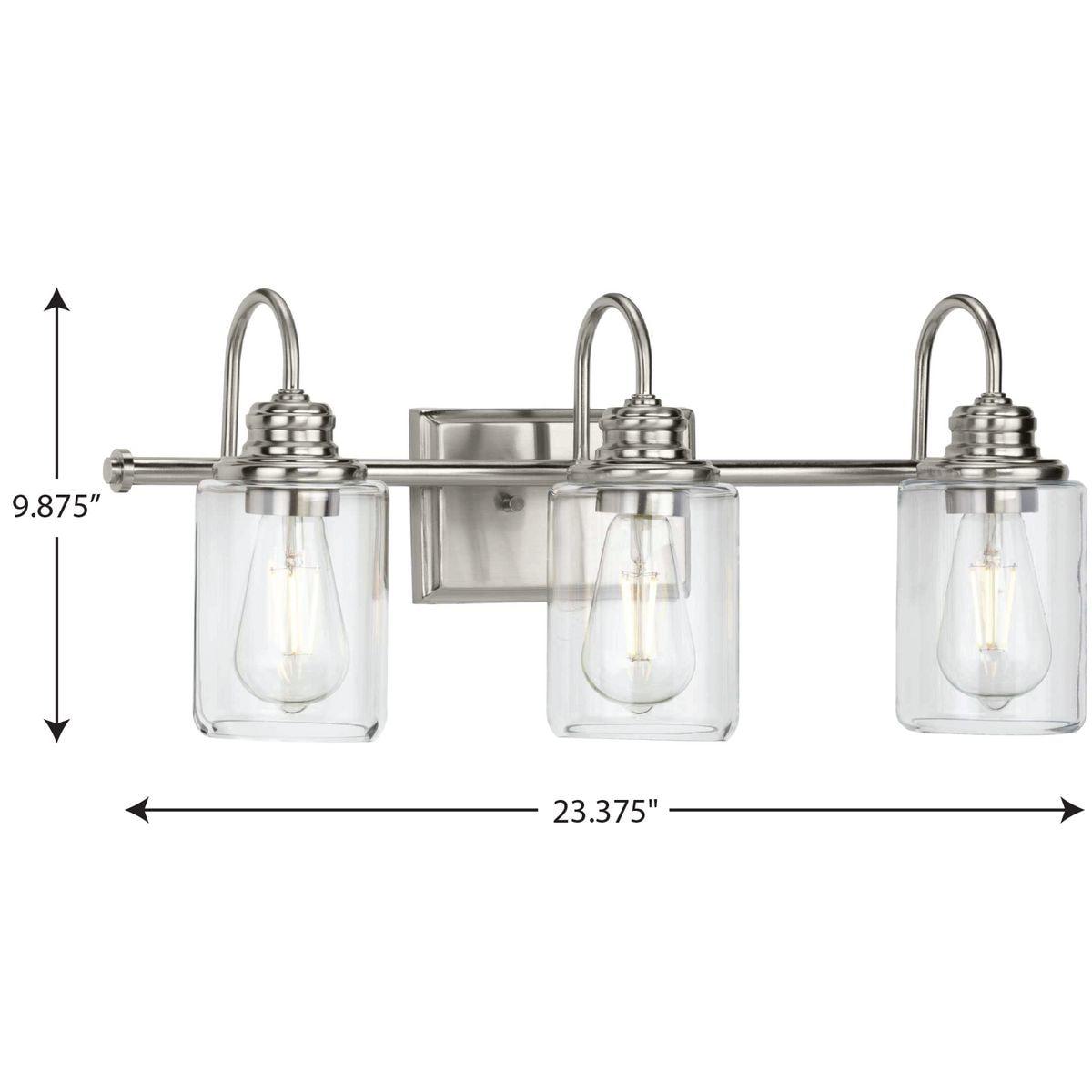 Progress Lighting Aiken 3-Light Bath Vanity Light, Brushed Nickel, Clear Glass Shade