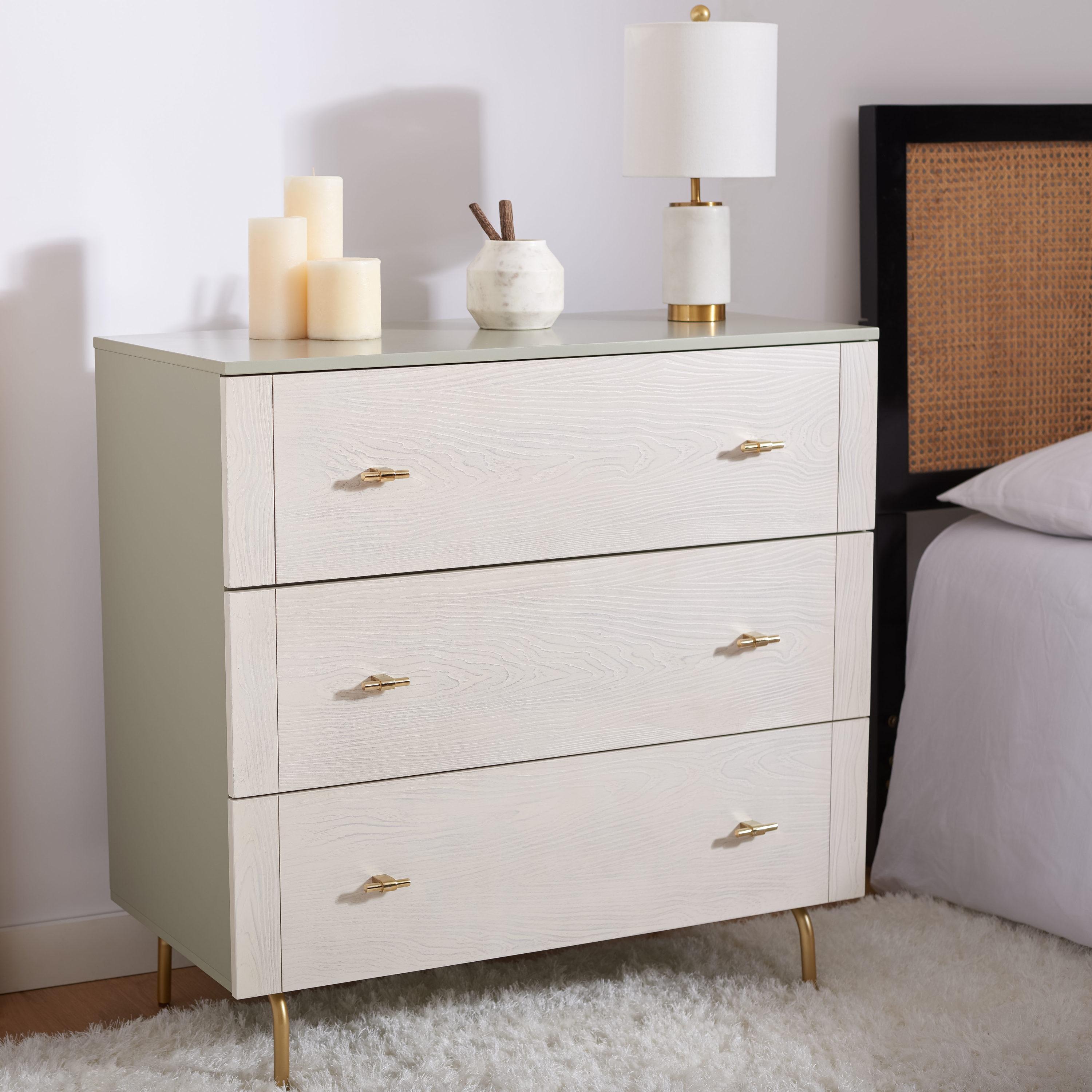 SAFAVIEH Genevieve Mid-Century Retro 3 Drawer Dresser, Grey/White Washed (36 in. W x 18 in. D x 36 in. H)