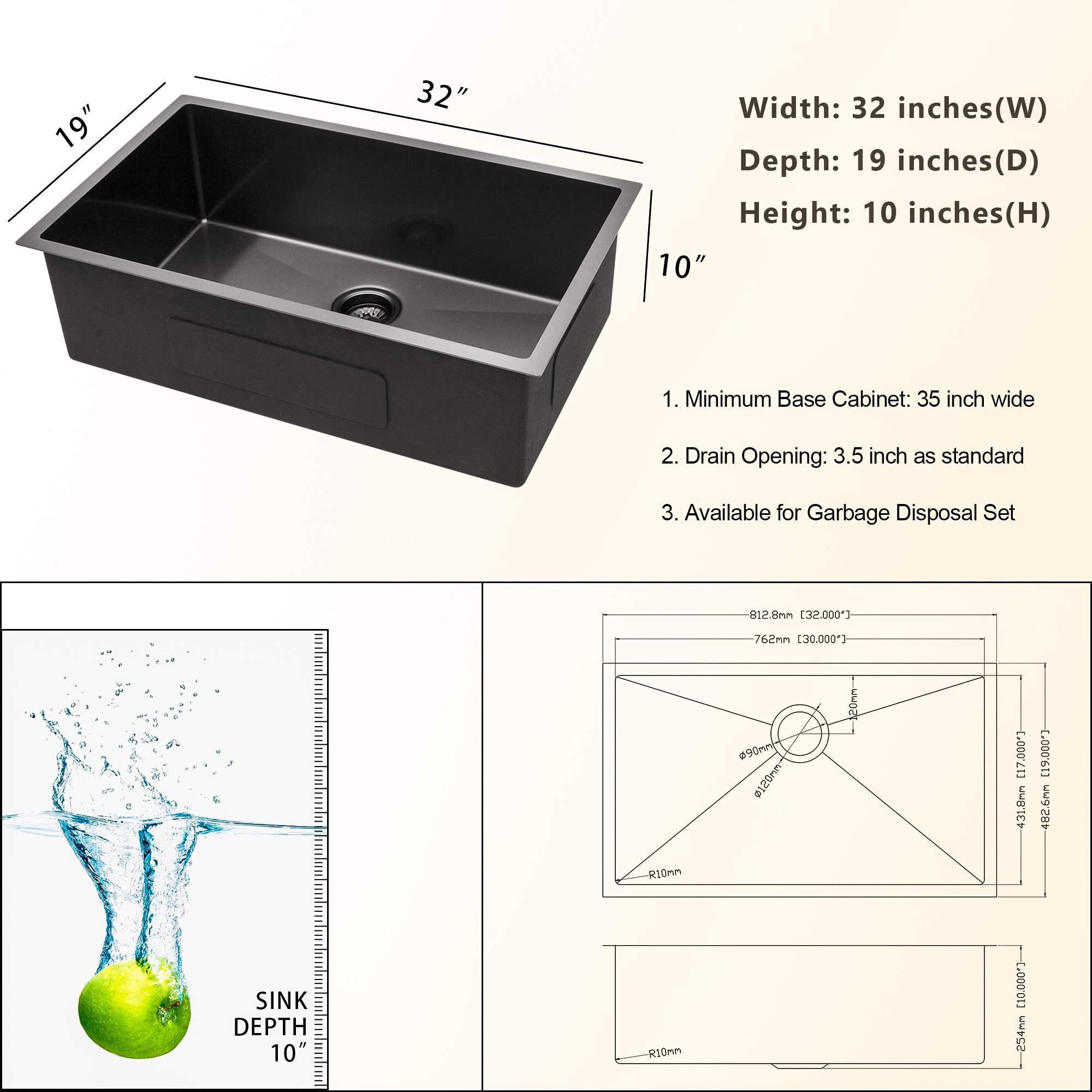 32" L x 19" W Undermount Kitchen Sink Gunmetal Black Sink 16 Gauge Stainless Steel Single Bowl Sink