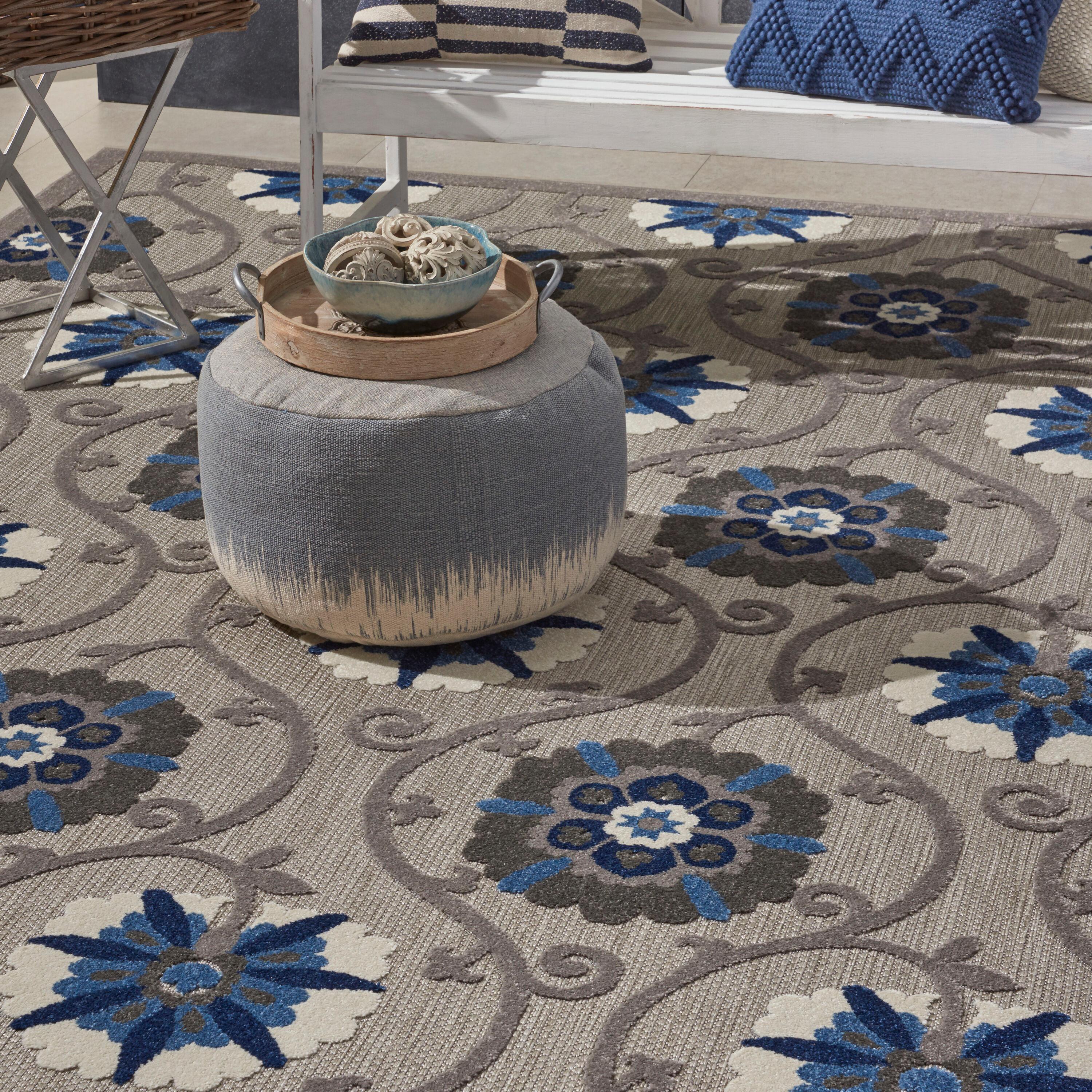 Nourison Aloha Contemporary Floral Flatweave High-Low Indoor Outdoor Area Rug Grey/Blue 7'10" x 10'6"
