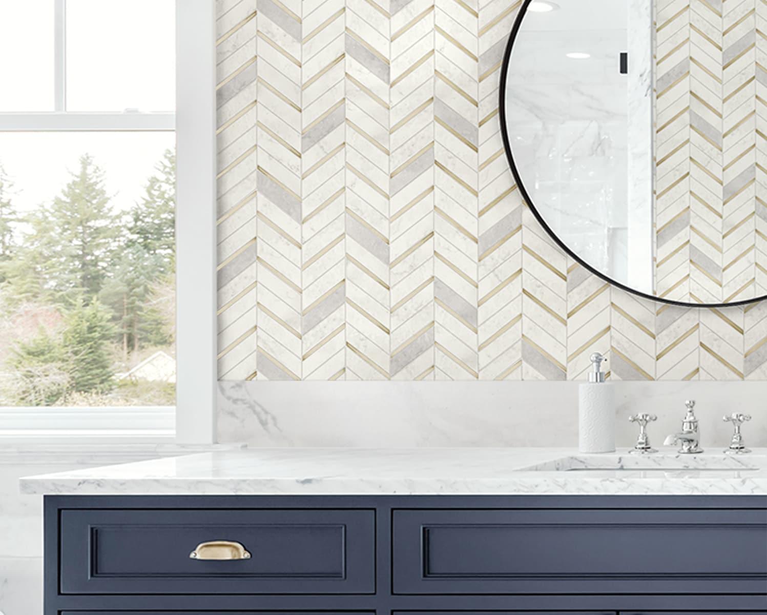 NextWall Faux Chevron Marble Tile Peel and Stick Wallpaper: Self-Adhesive, Repositionable, Washable, Gold, 30.75 Sq Ft Coverage