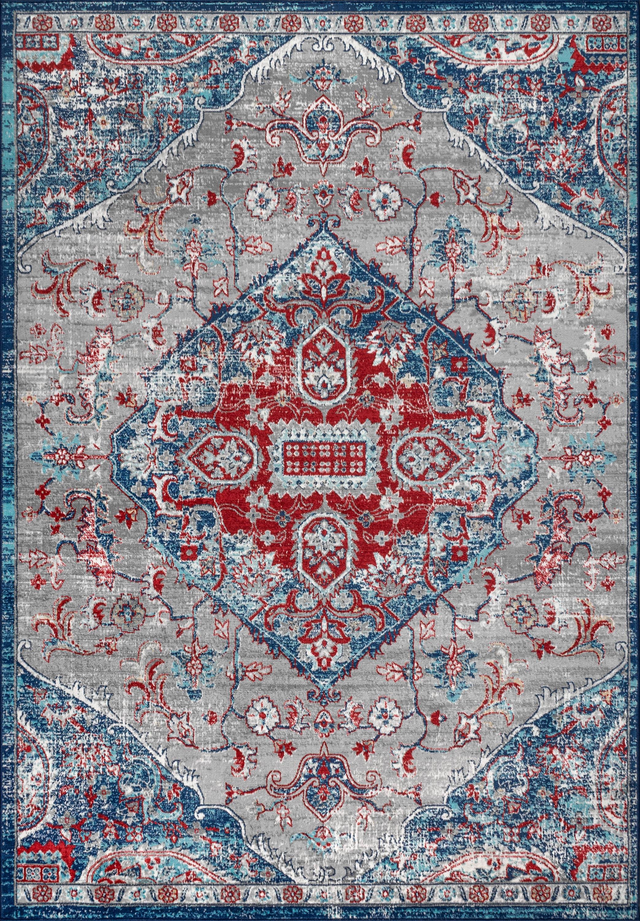 5'x8' Modern Persian Vintage Medallion Area Rug, Red/Navy - JONATHAN Y