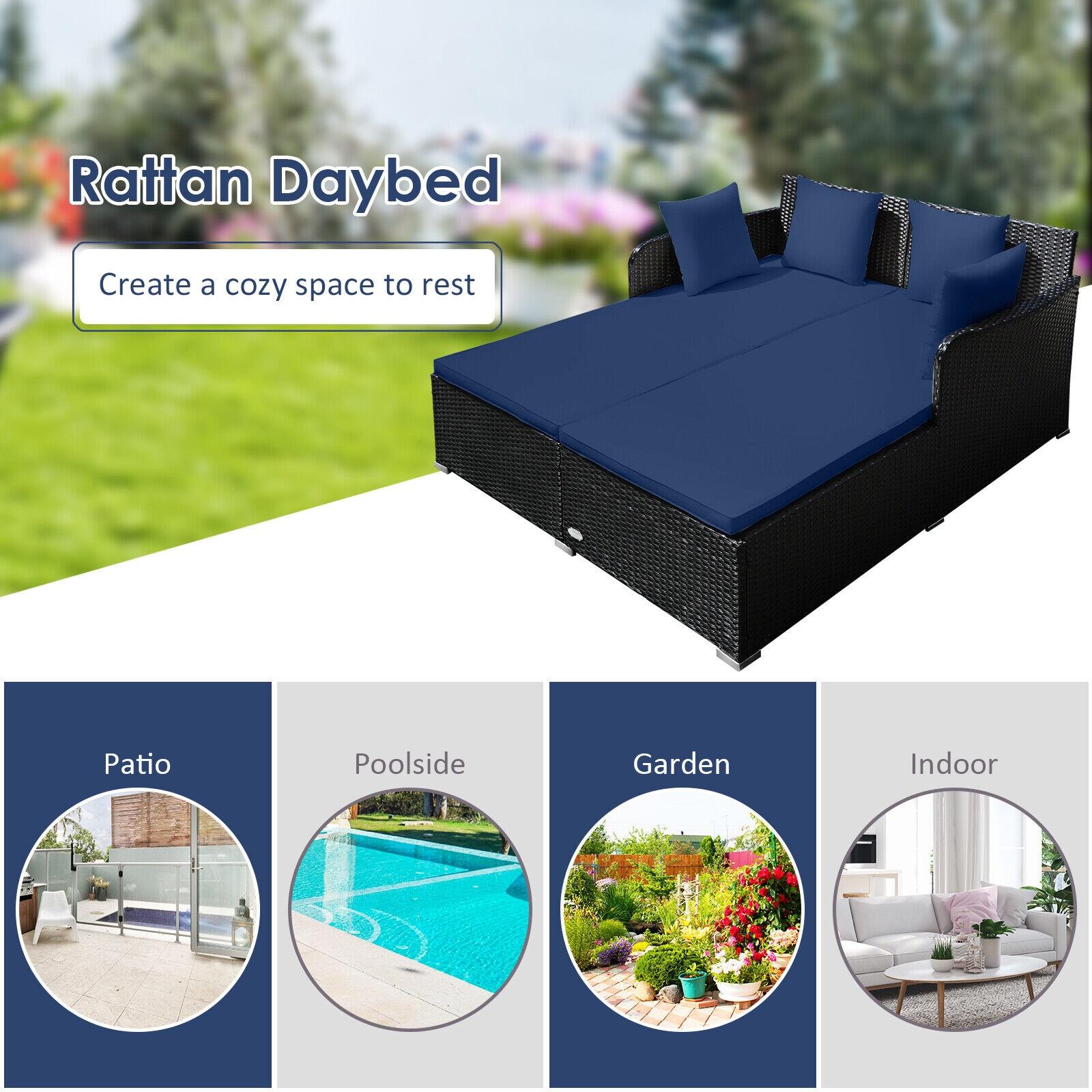 Costway Outdoor Patio Rattan Daybed Pillows Cushioned Sofa Furniture Navy