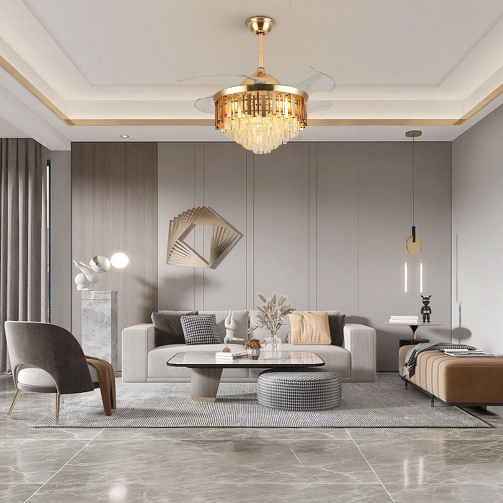 42 in. Integrated LED Indoor Gold Luxury Automatic Retractable Crystal Ceiling Fan with Remote