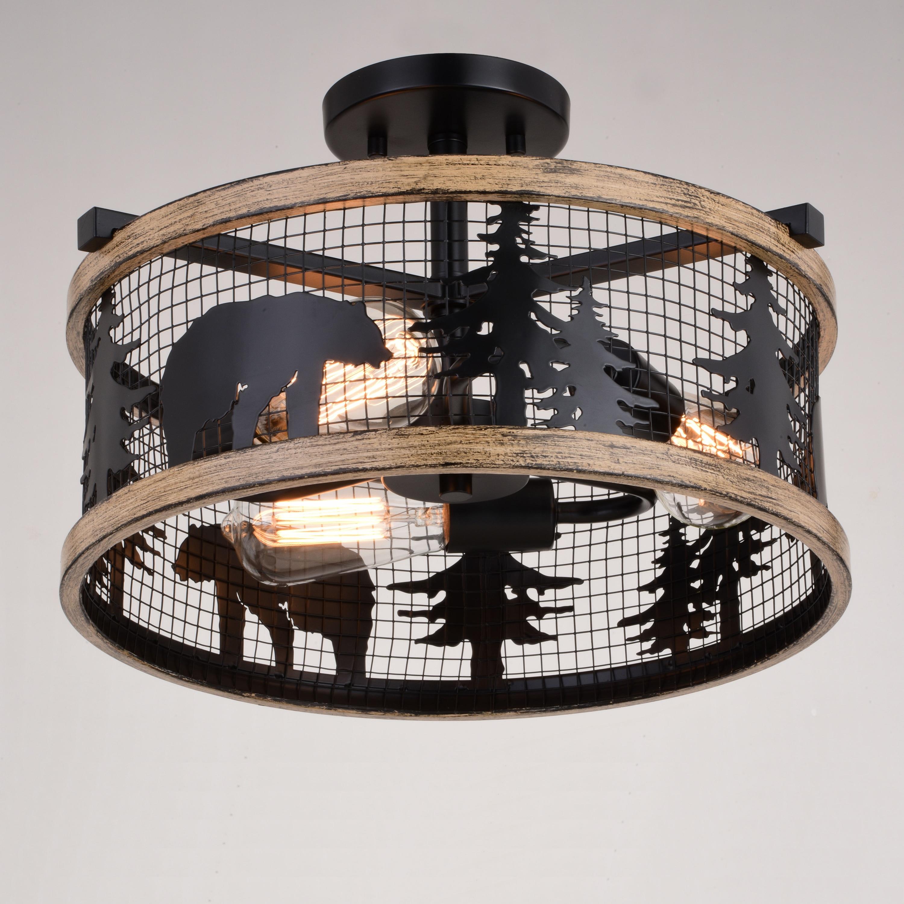 Kodiak 16-in W Black and Teak Rustic Semi Flush Mount Ceiling Light Bear and Tree Motif