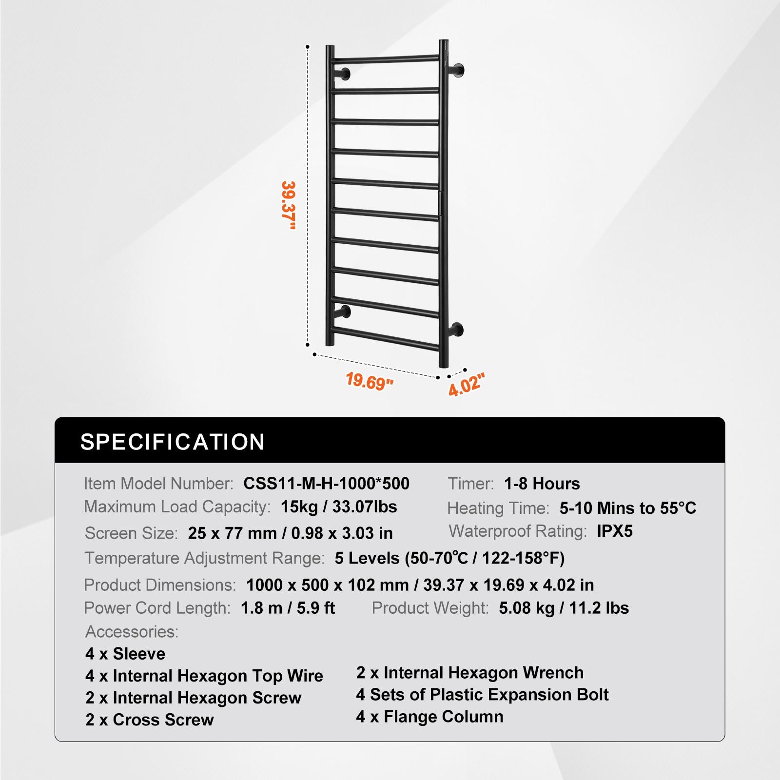 VEVOR 10-Bar Wall-Mounted Heated Towel Warmer Rack, Black, Adjustable Temperature