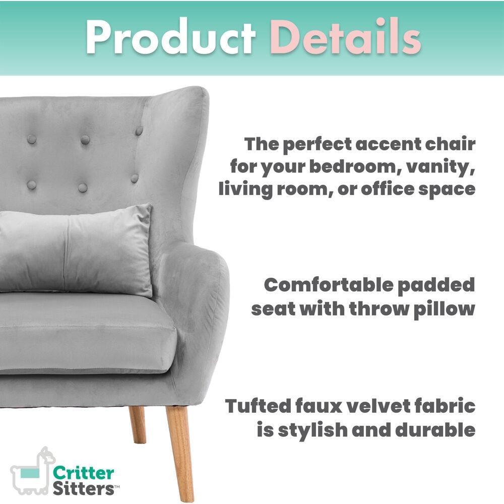 Critter Sitters Kids Wingback Accent Chair with Lumbar Pillow Faux Velvet with Wooden Legs, Gray