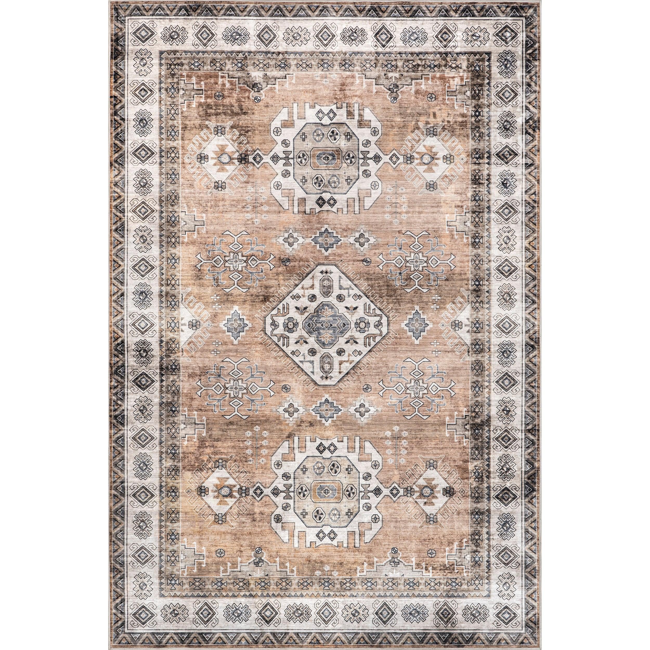 Nuloom Evelina Medallion 6x9 Spill Proof Machine Washable Indoor Area Rug for Living Room Bedroom Dining Room Kitchen, Light Orange/Ivory