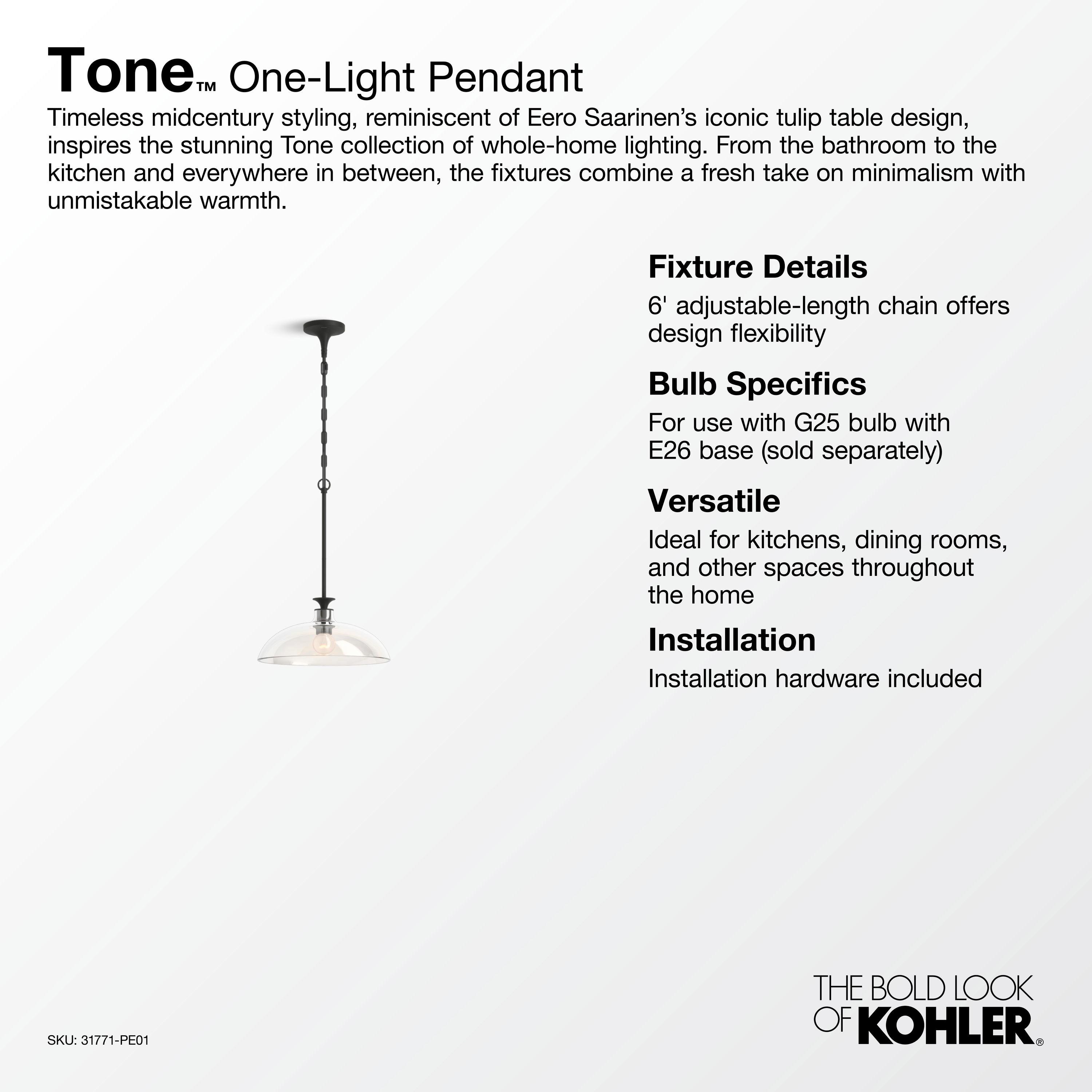 Tone 1 Light Pendant Lighting Fixture for Kitchen Island, 6' Adjustable Cord Length