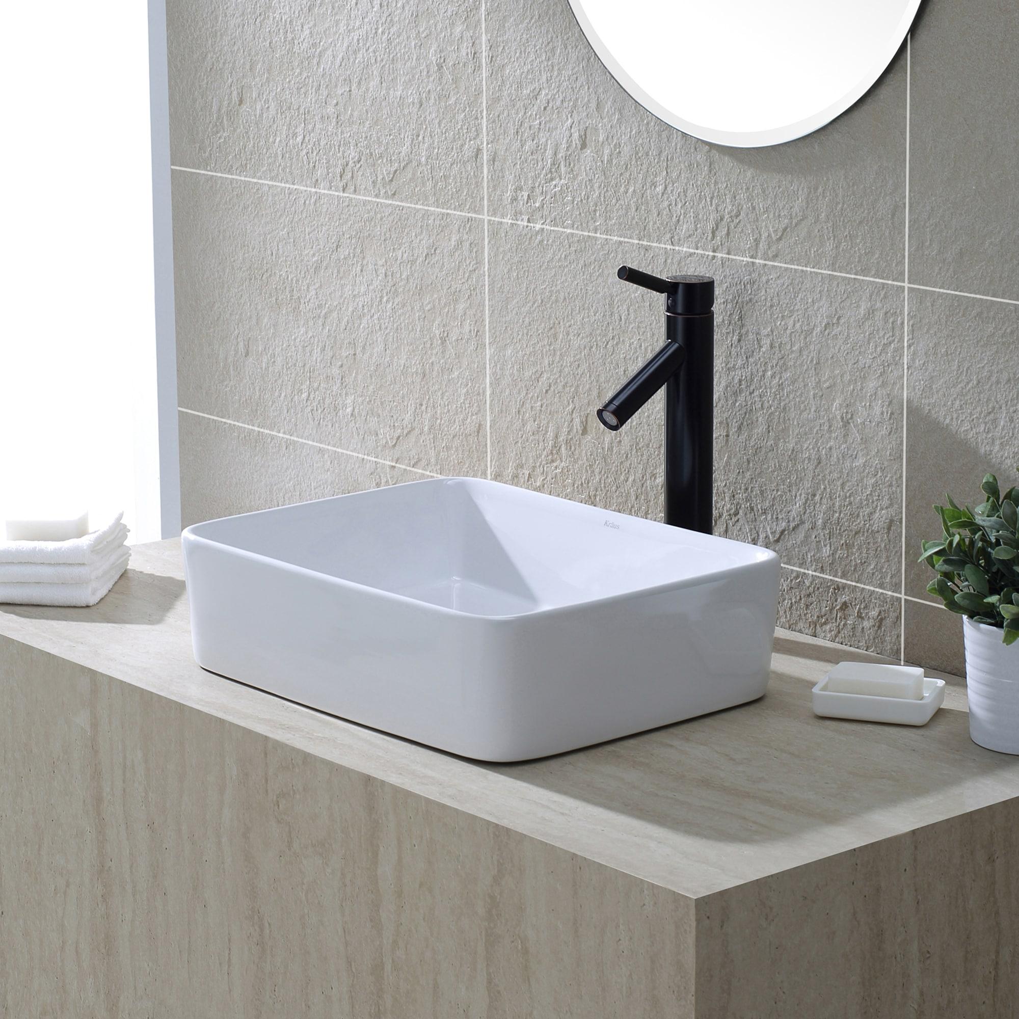 KRAUS Rectangular Ceramic Vessel Bathroom Sink in White with Pop-Up Drain in Oil Rubbed Bronze