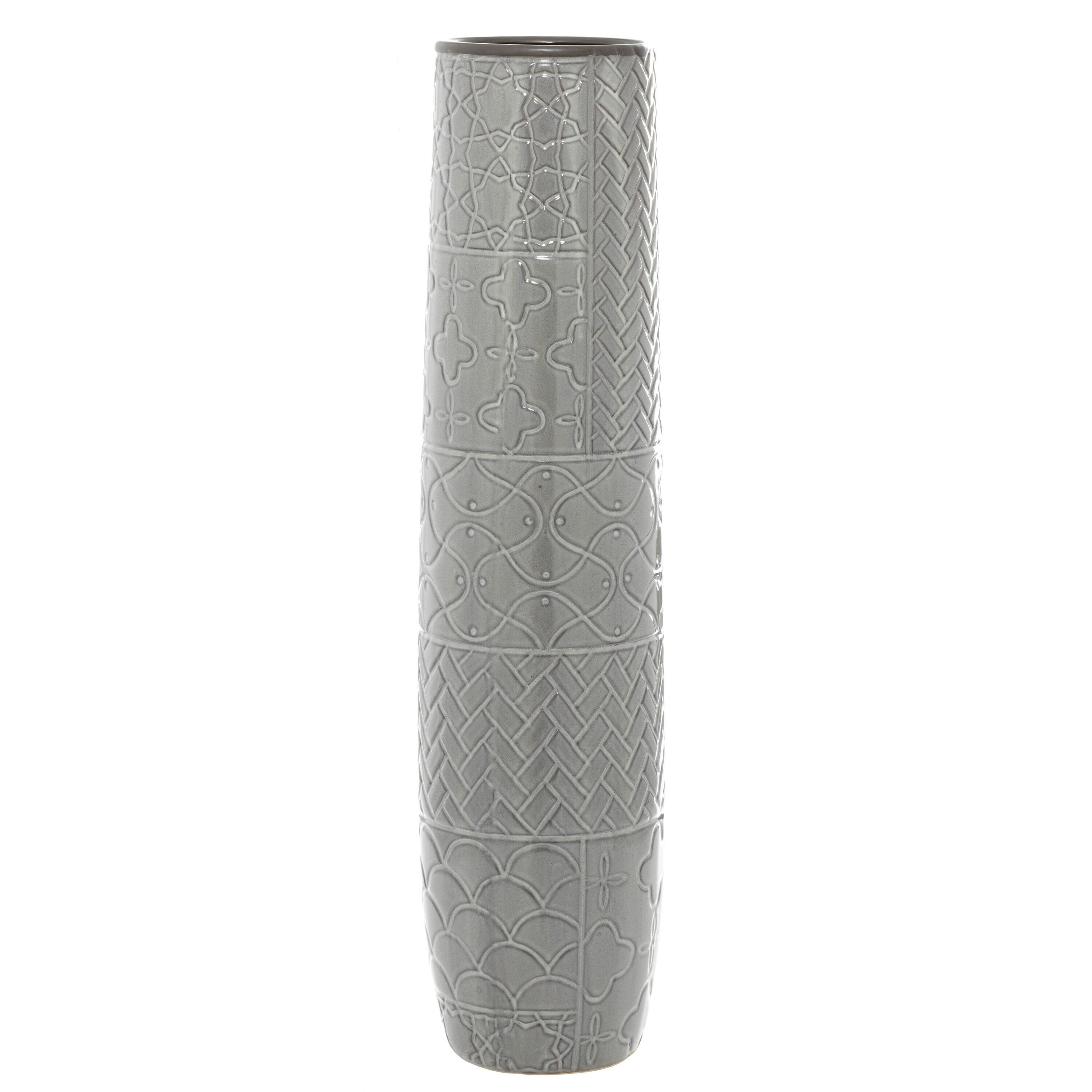 Ceramic Slim Engraved Patterned Decorative Gray Vase