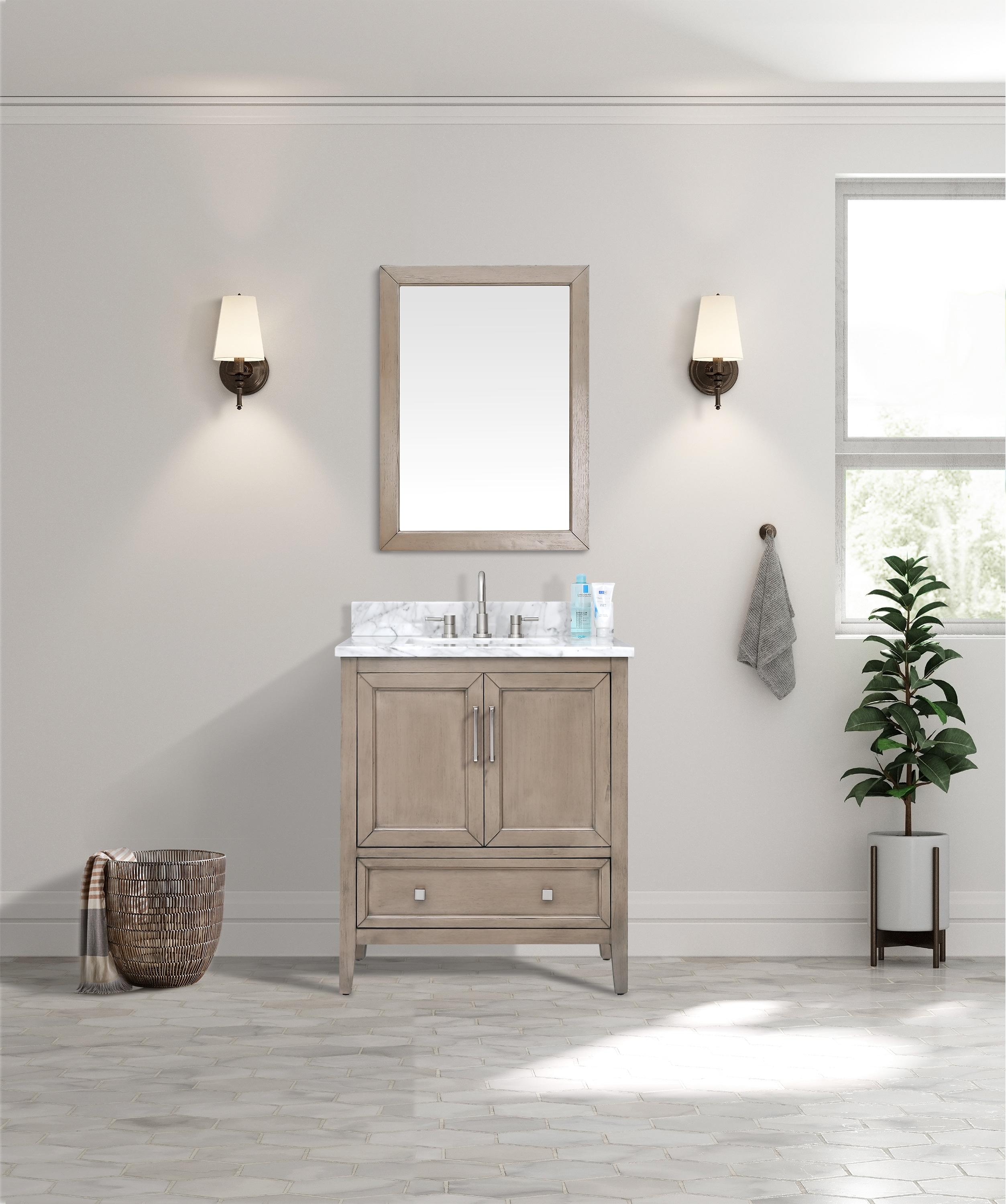 Gray Oak Single Sink Vanity with Carrara White Marble Top